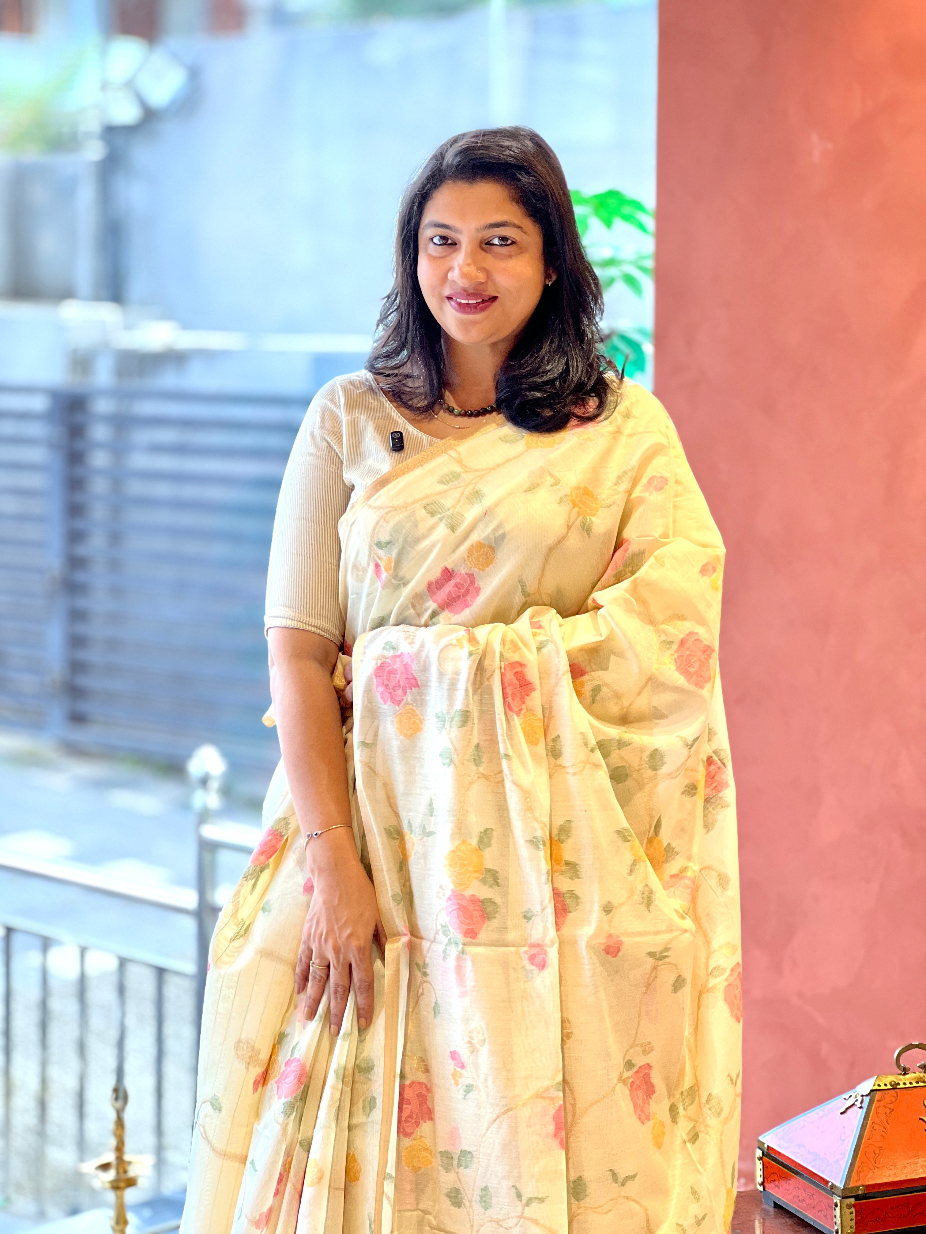 Floral Jaal Pattern Powerloom Chanderi Saree | SSN552