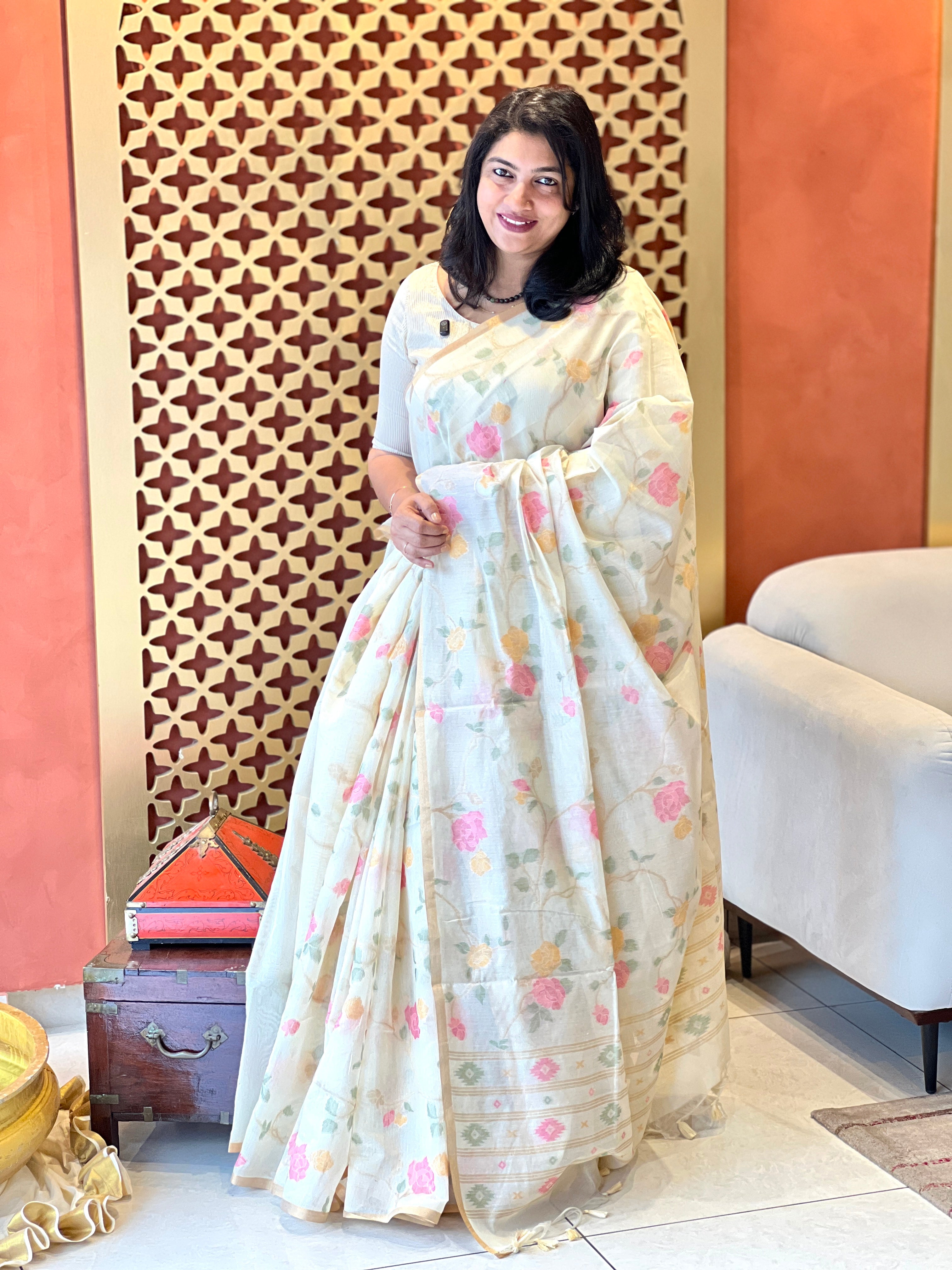 Floral Jaal Pattern Powerloom Chanderi Saree | SSN552