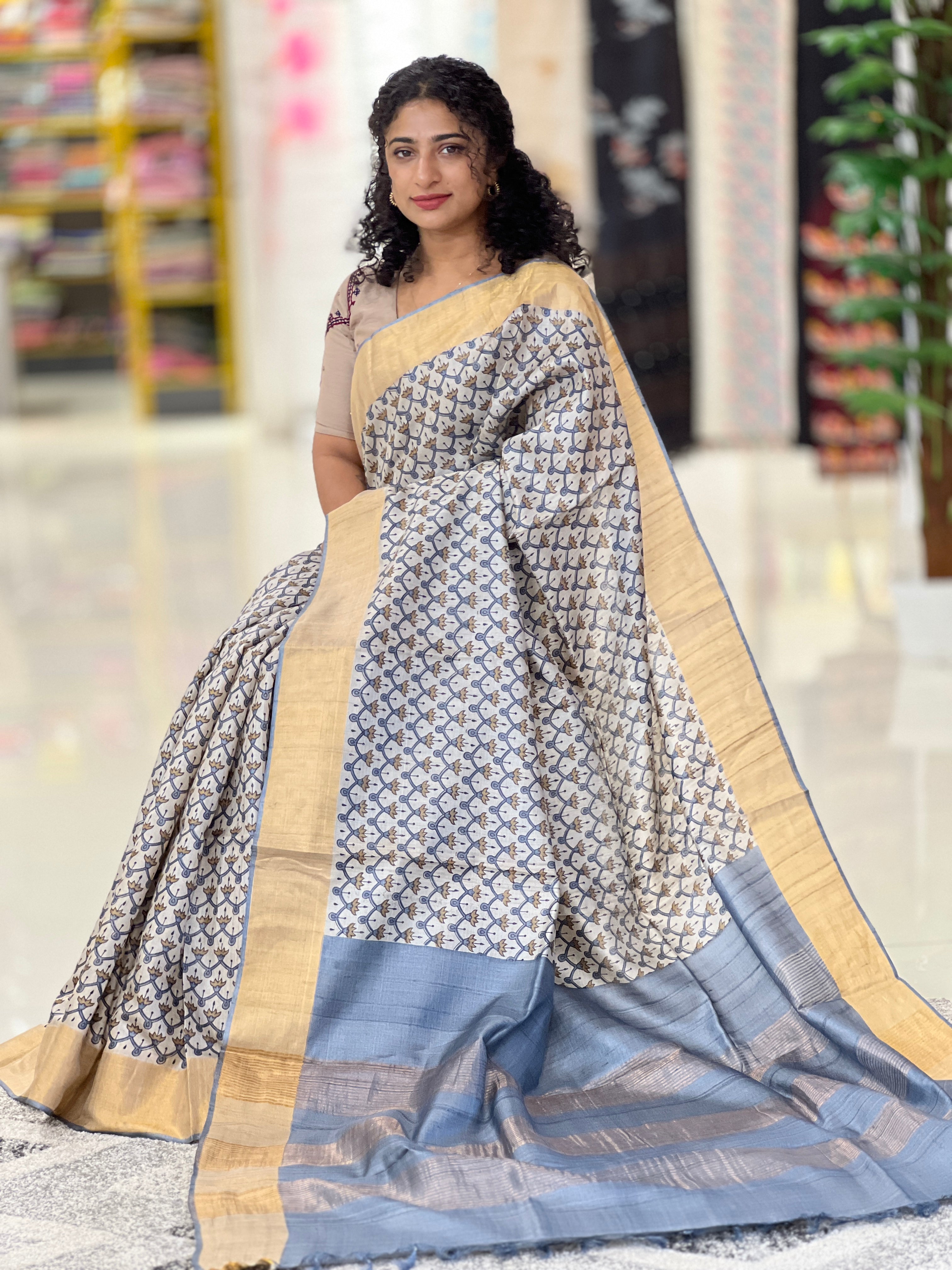 Block Printed Desi Tussar Saree | MNH369