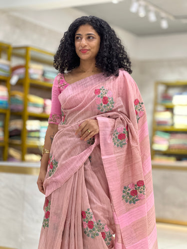 Floral Embroidered Basbara Silk Finish Saree | NHH372