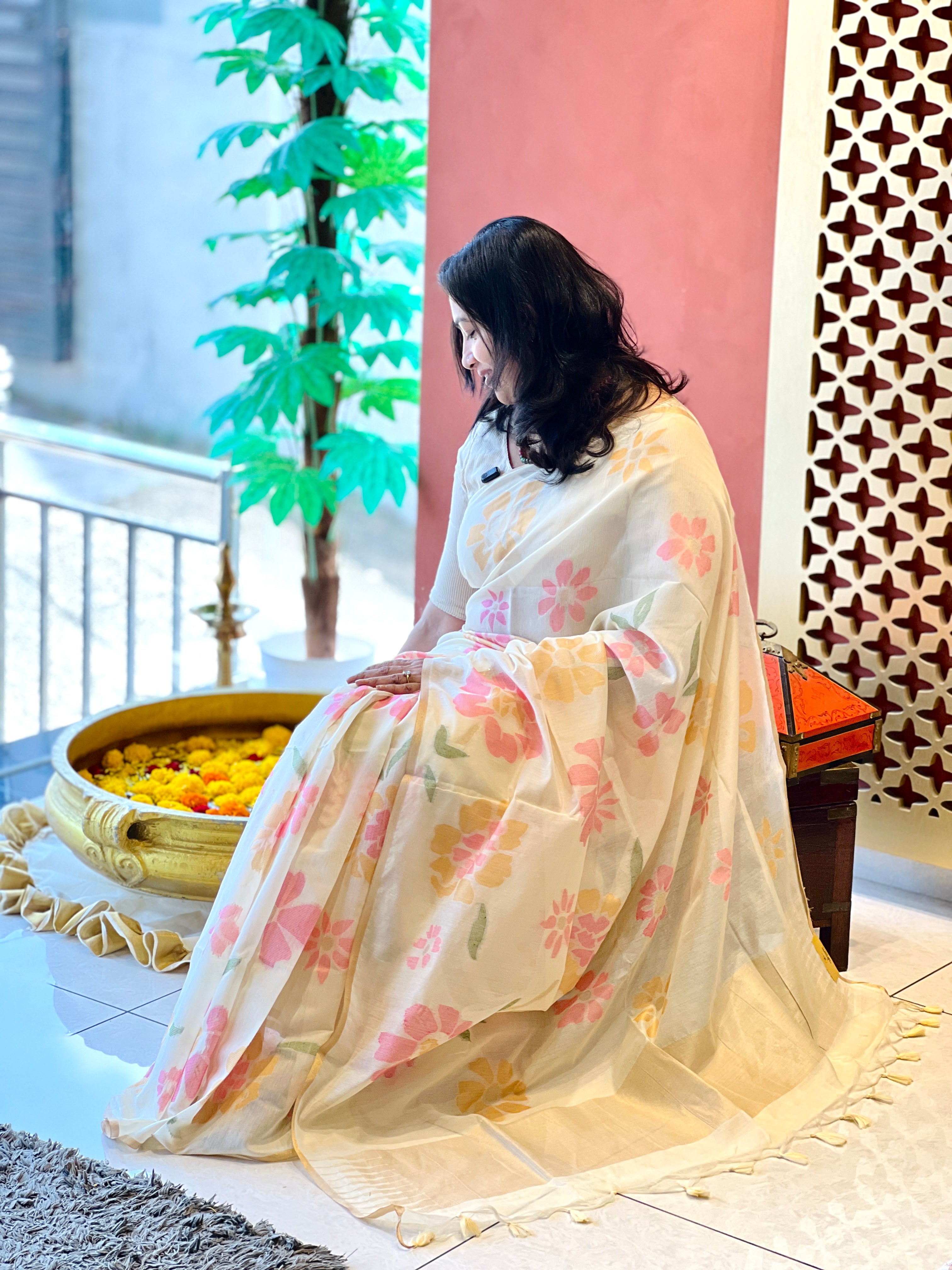 Jamdani Woven Floral Pattern Chanderi Saree | SSN553