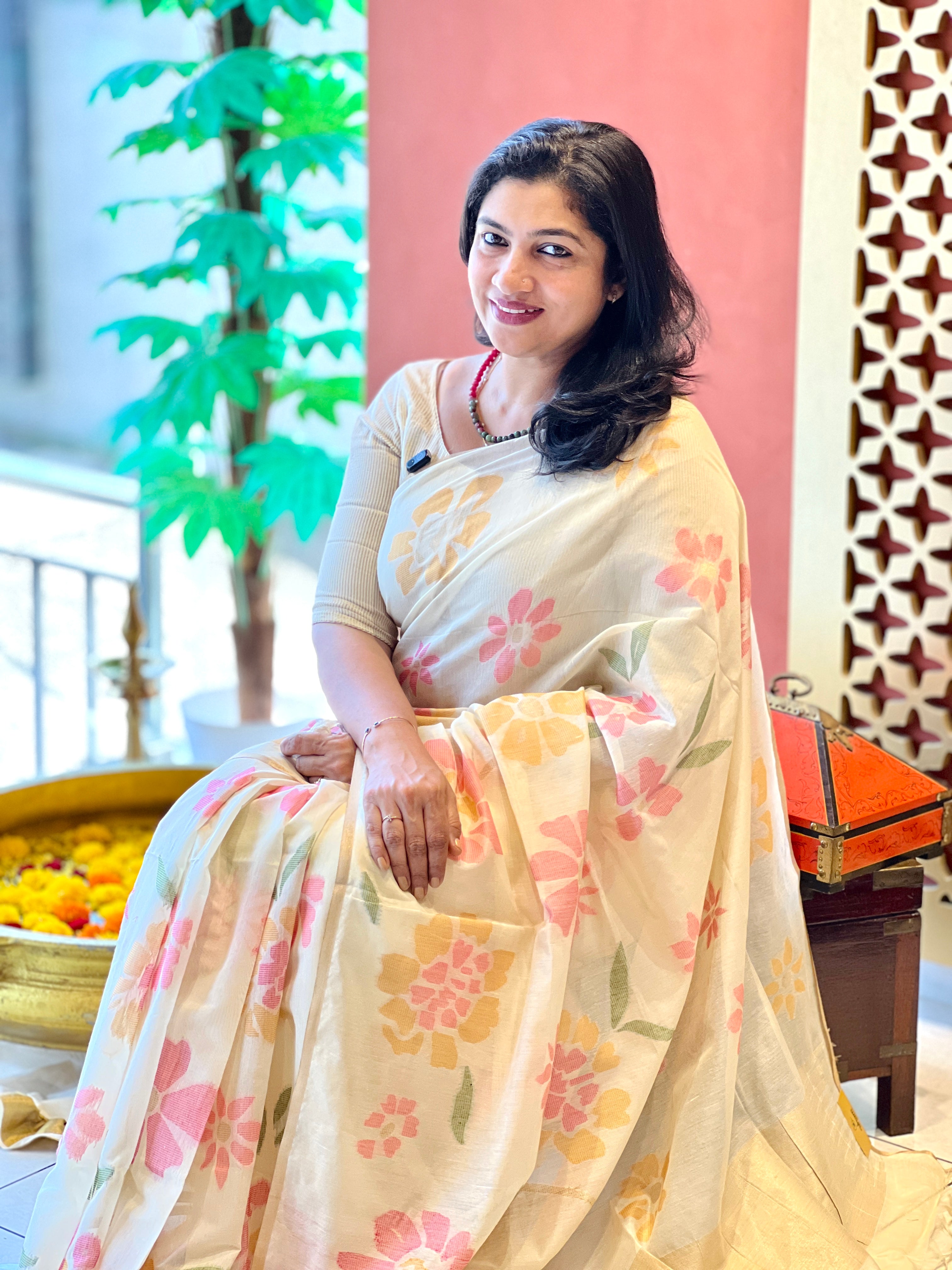 Jamdani Woven Floral Pattern Chanderi Saree | SSN553