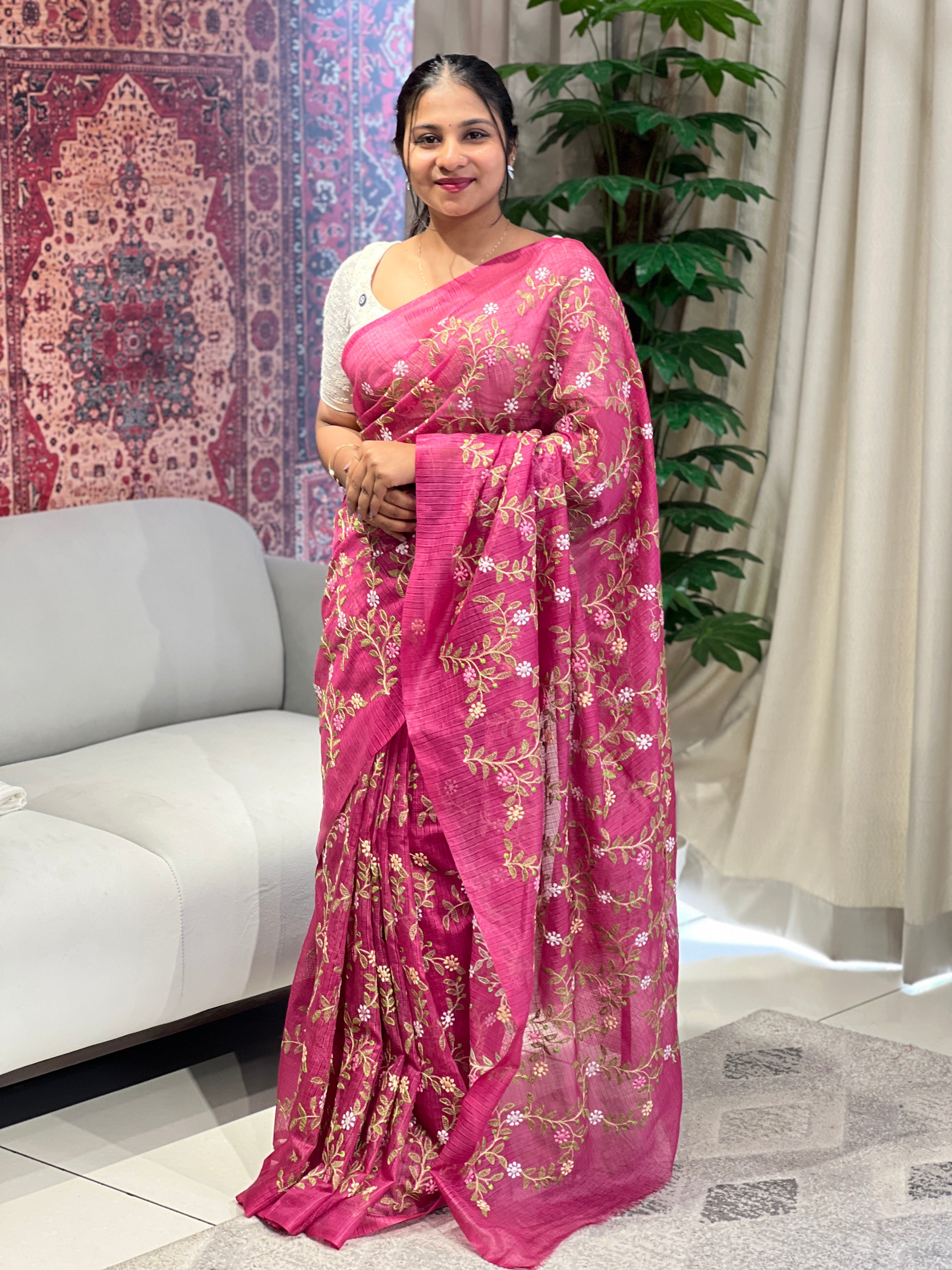 Floral Embroidery Detailed Silky Kota Saree | NHH472