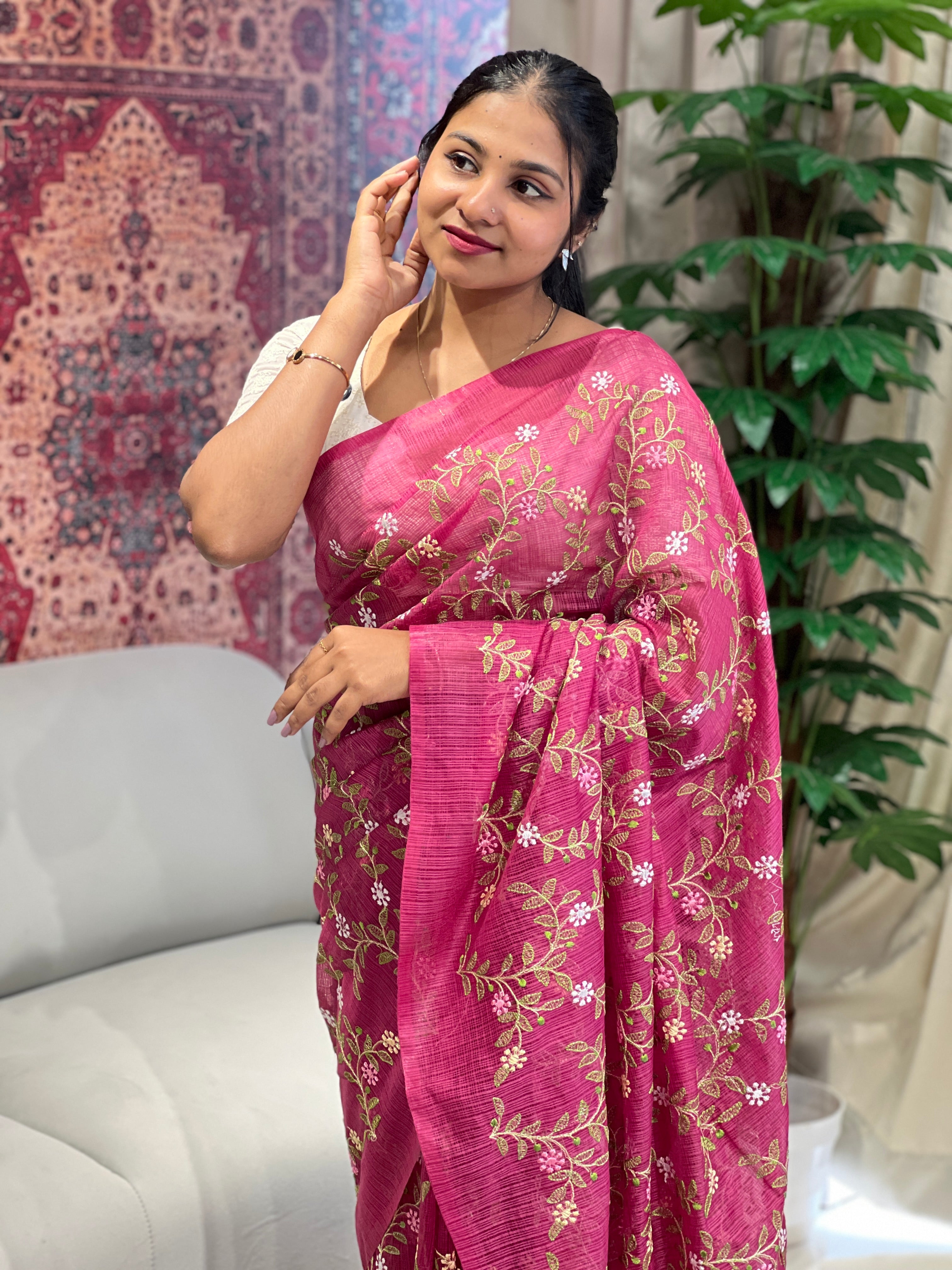 Floral Embroidery Detailed Silky Kota Saree | NHH472