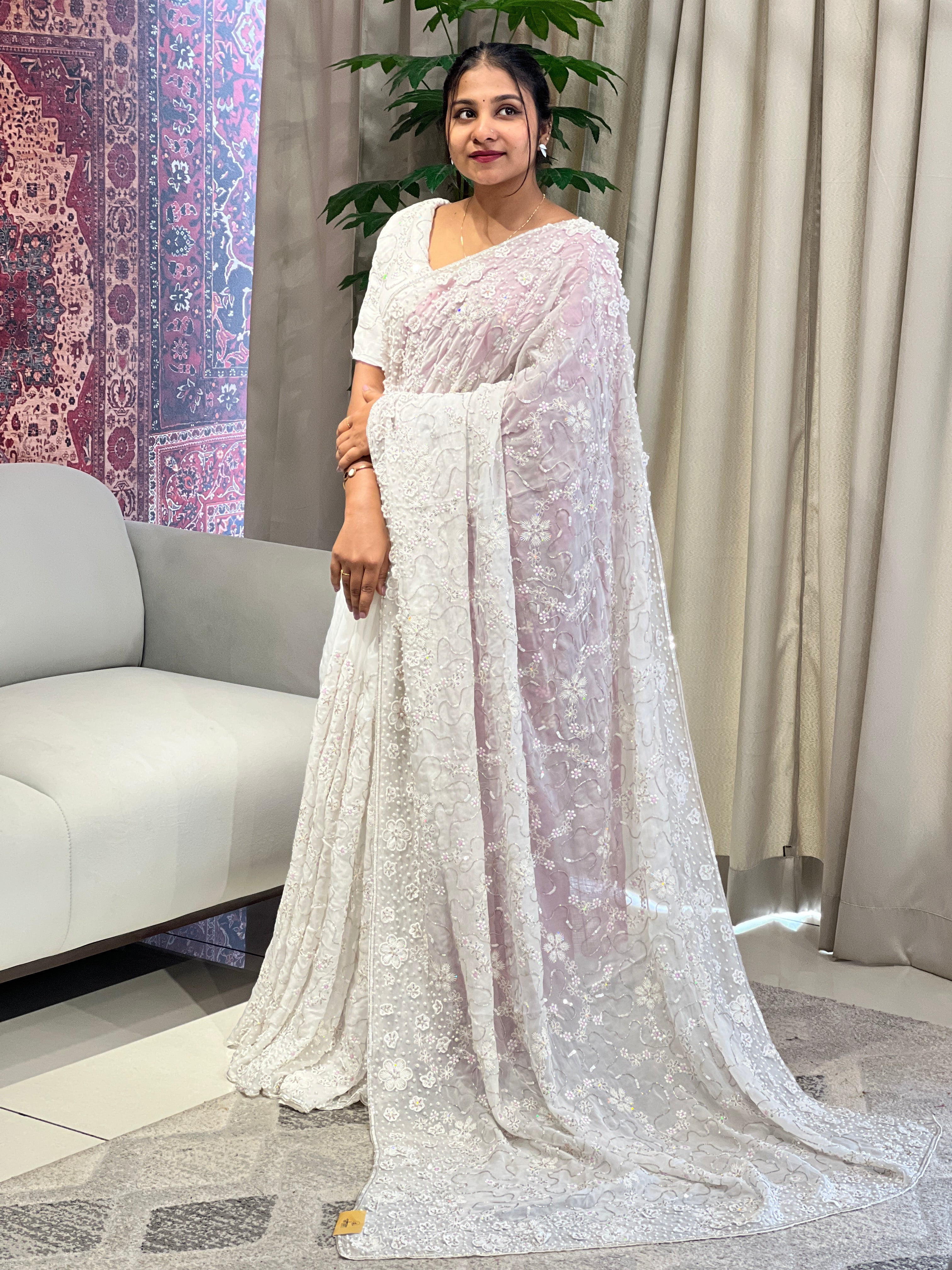 Floral Hand Embroidery Detailed Pure Organza Saree | DNT1009