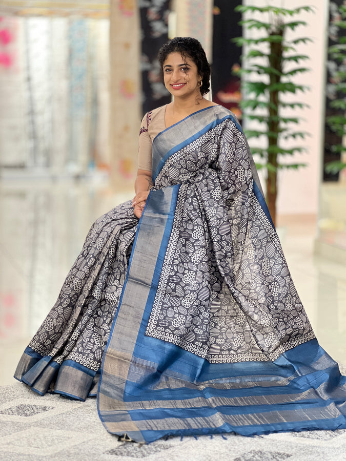 Block Printed Desi Tussar Saree | MNH375