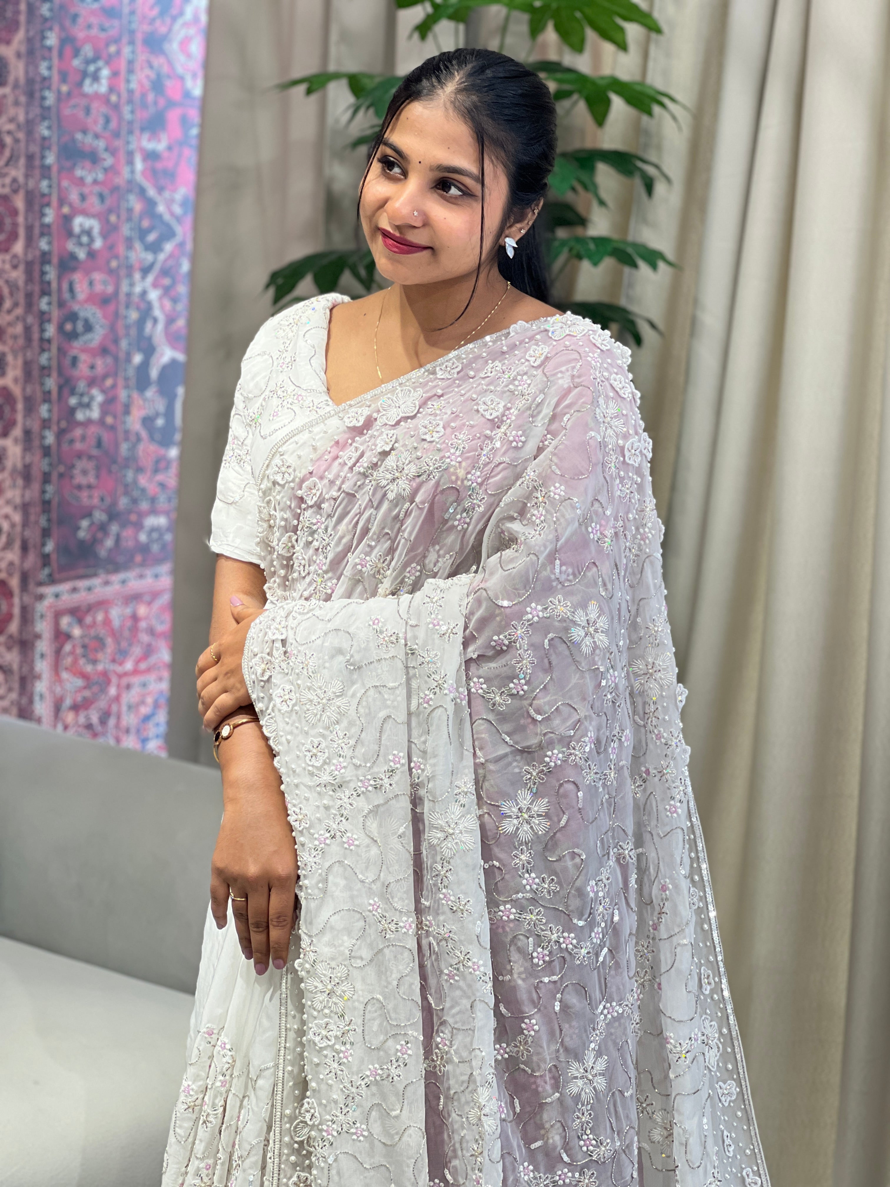 Floral Hand Embroidery Detailed Pure Organza Saree | DNT1009