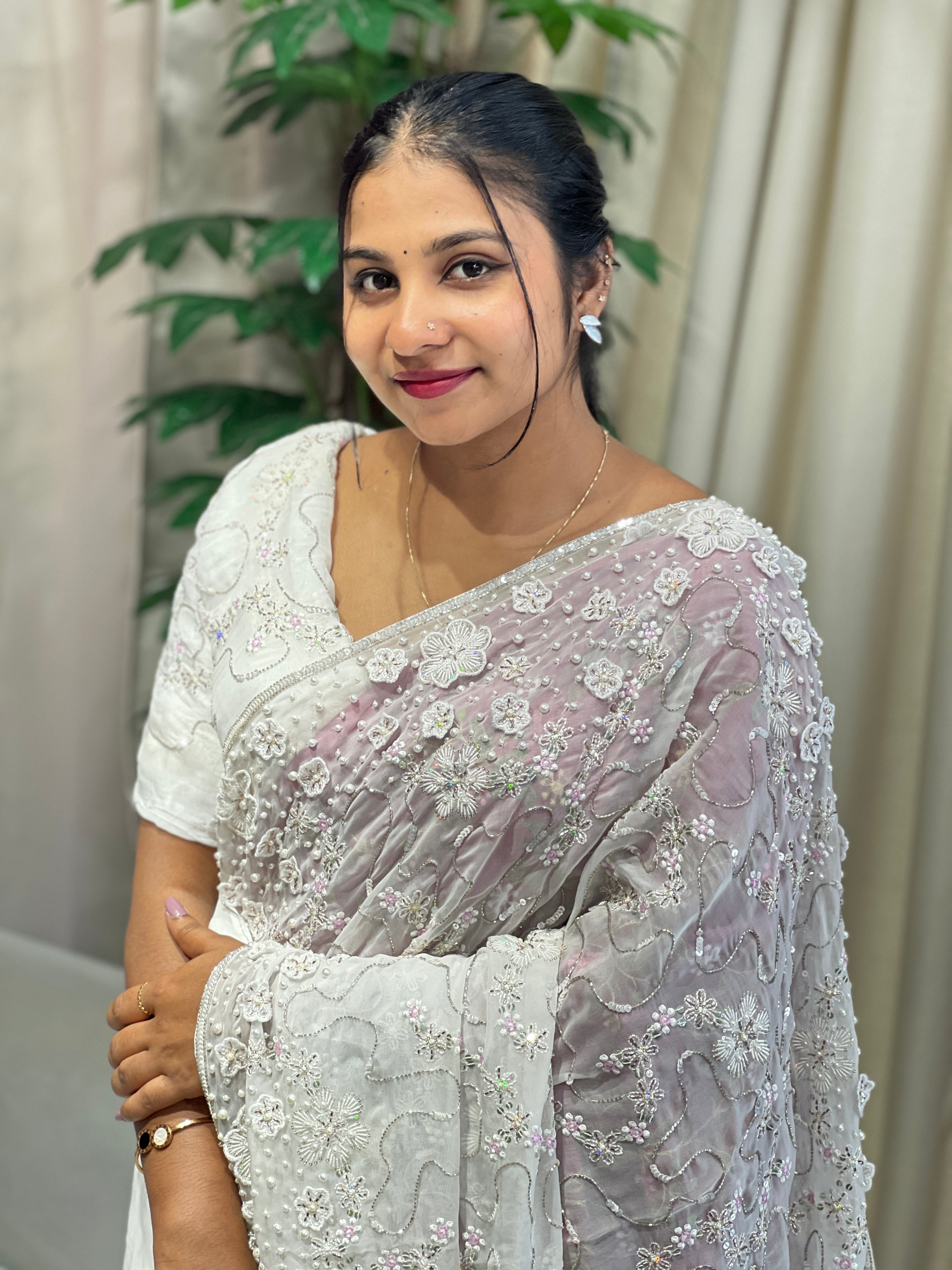 Floral Hand Embroidery Detailed Pure Organza Saree | DNT1009