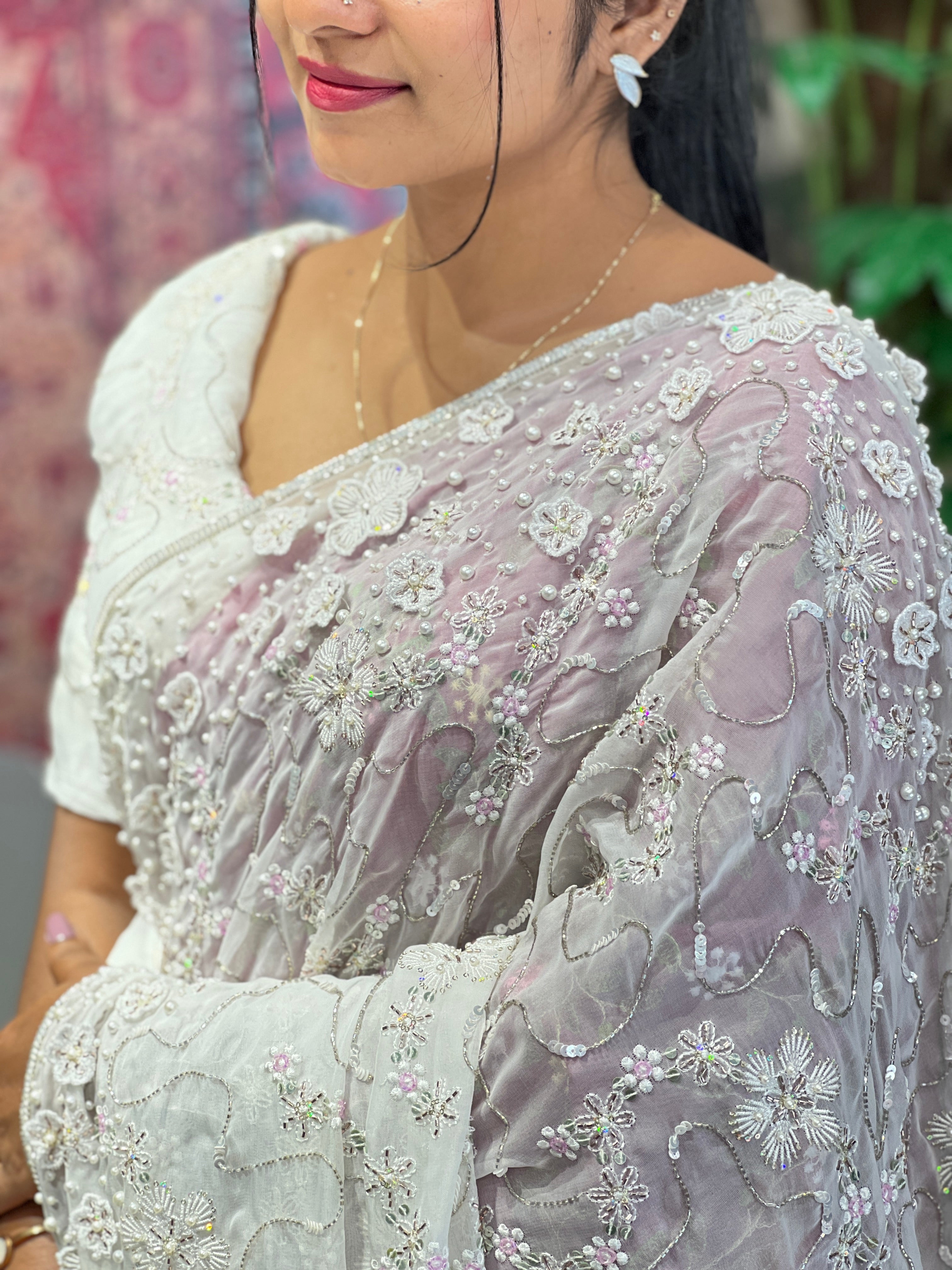 Floral Hand Embroidery Detailed Pure Organza Saree | DNT1009