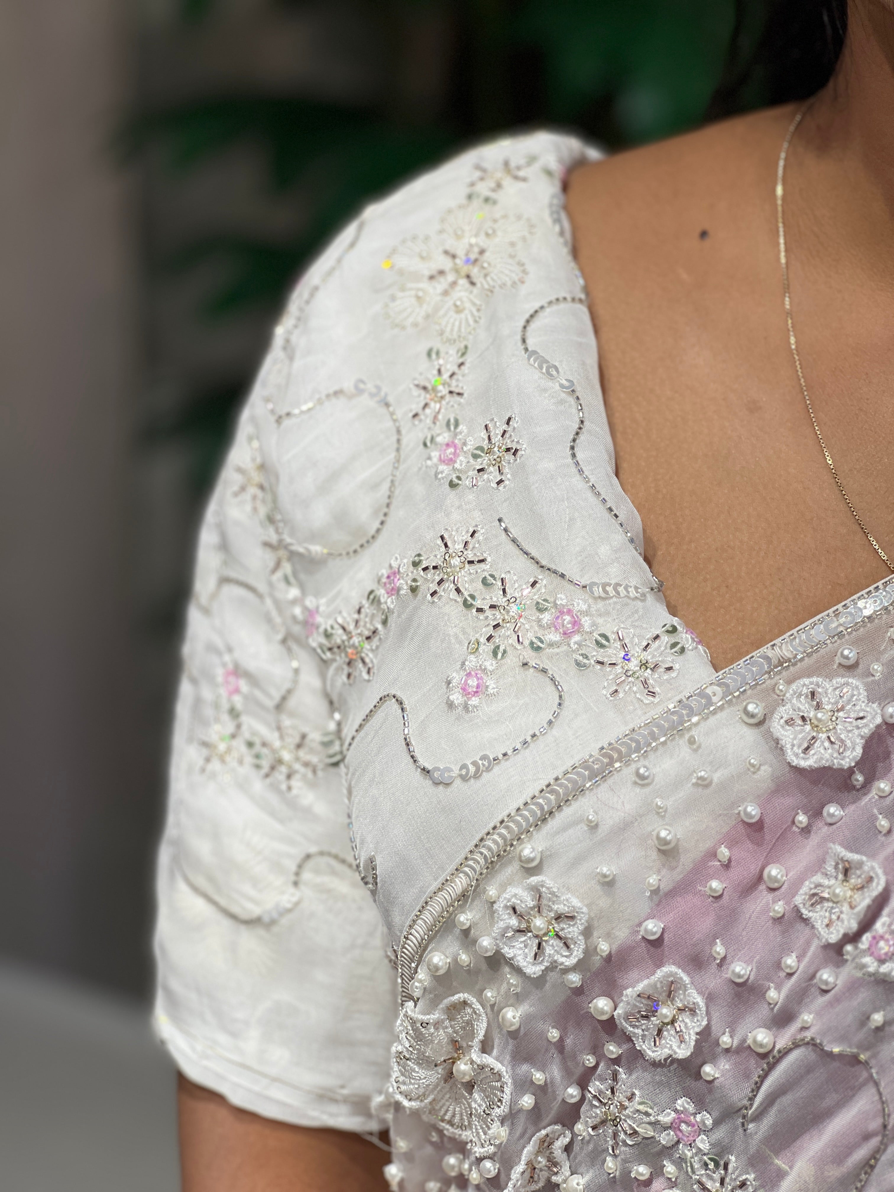 Floral Hand Embroidery Detailed Pure Organza Saree | DNT1009