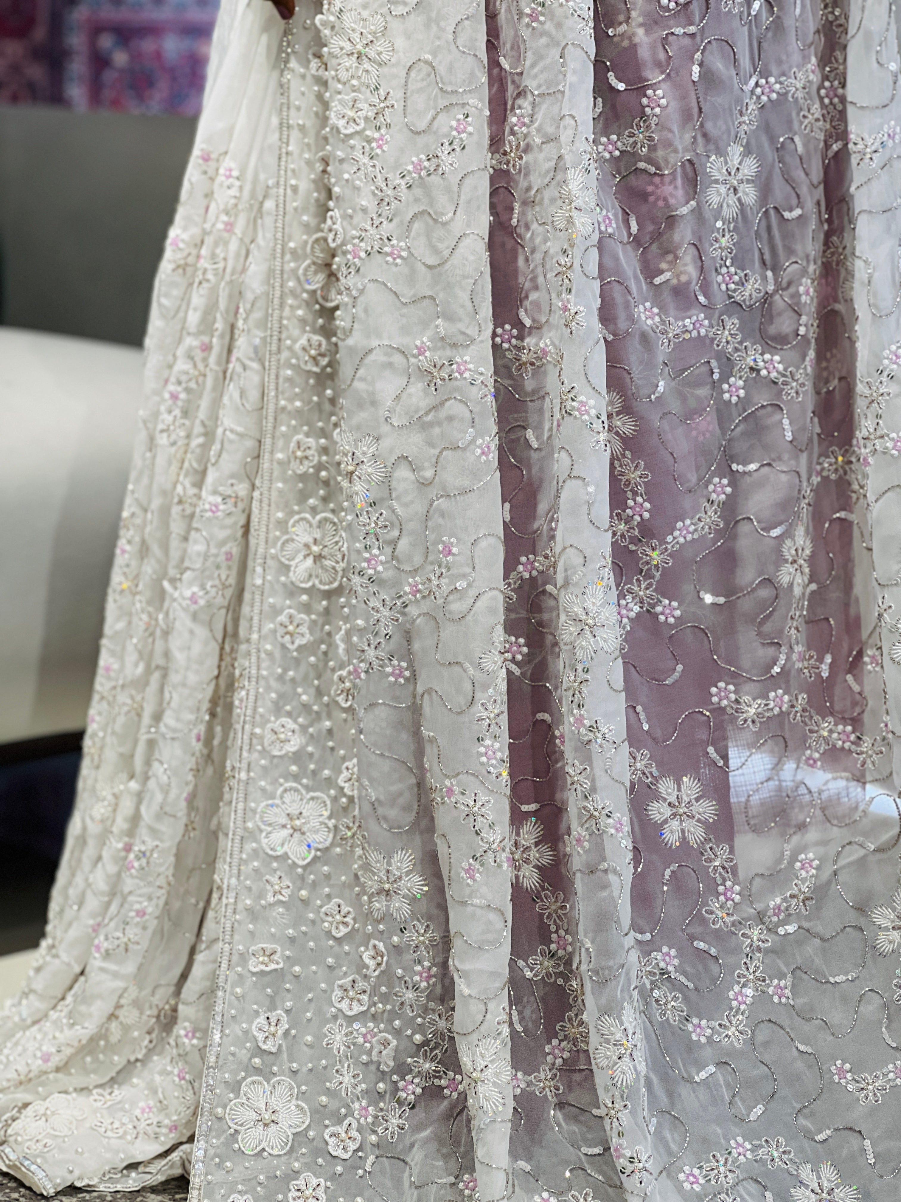 Floral Hand Embroidery Detailed Pure Organza Saree | DNT1009