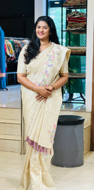 Floral Hand Embroidery Detailed Pure Tissue Tussar Saree | VMB118