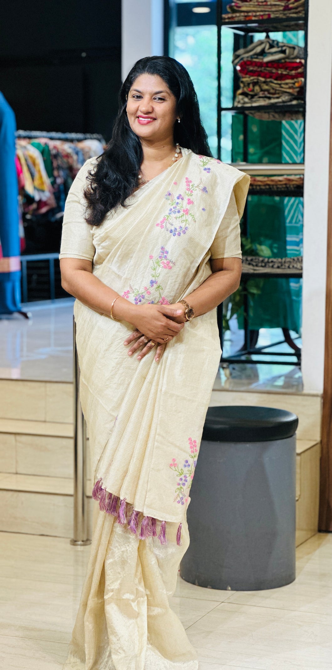 Floral Hand Embroidery Detailed Pure Tissue Tussar Saree | VMB118