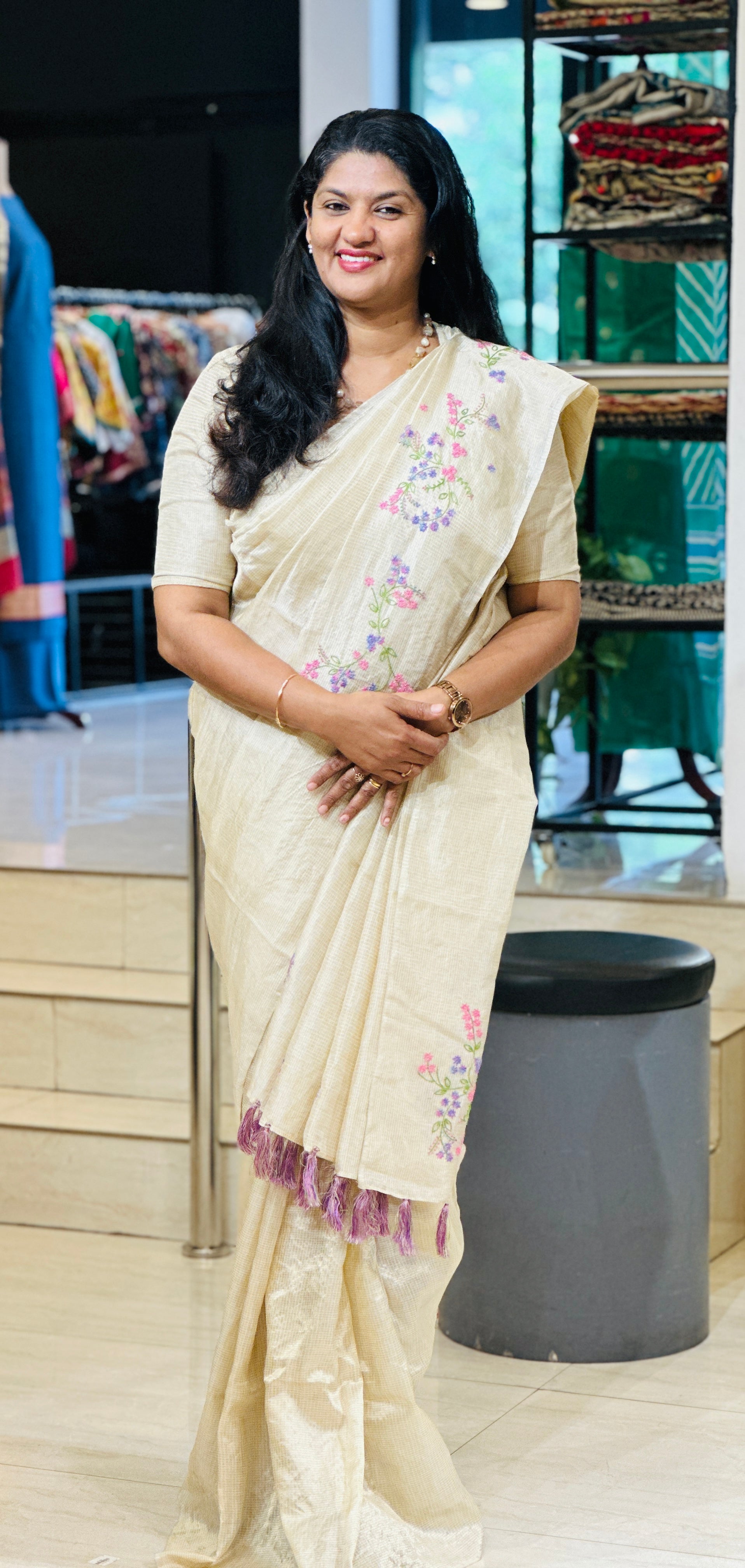 Floral Hand Embroidery Detailed Pure Tissue Tussar Saree | VMB118