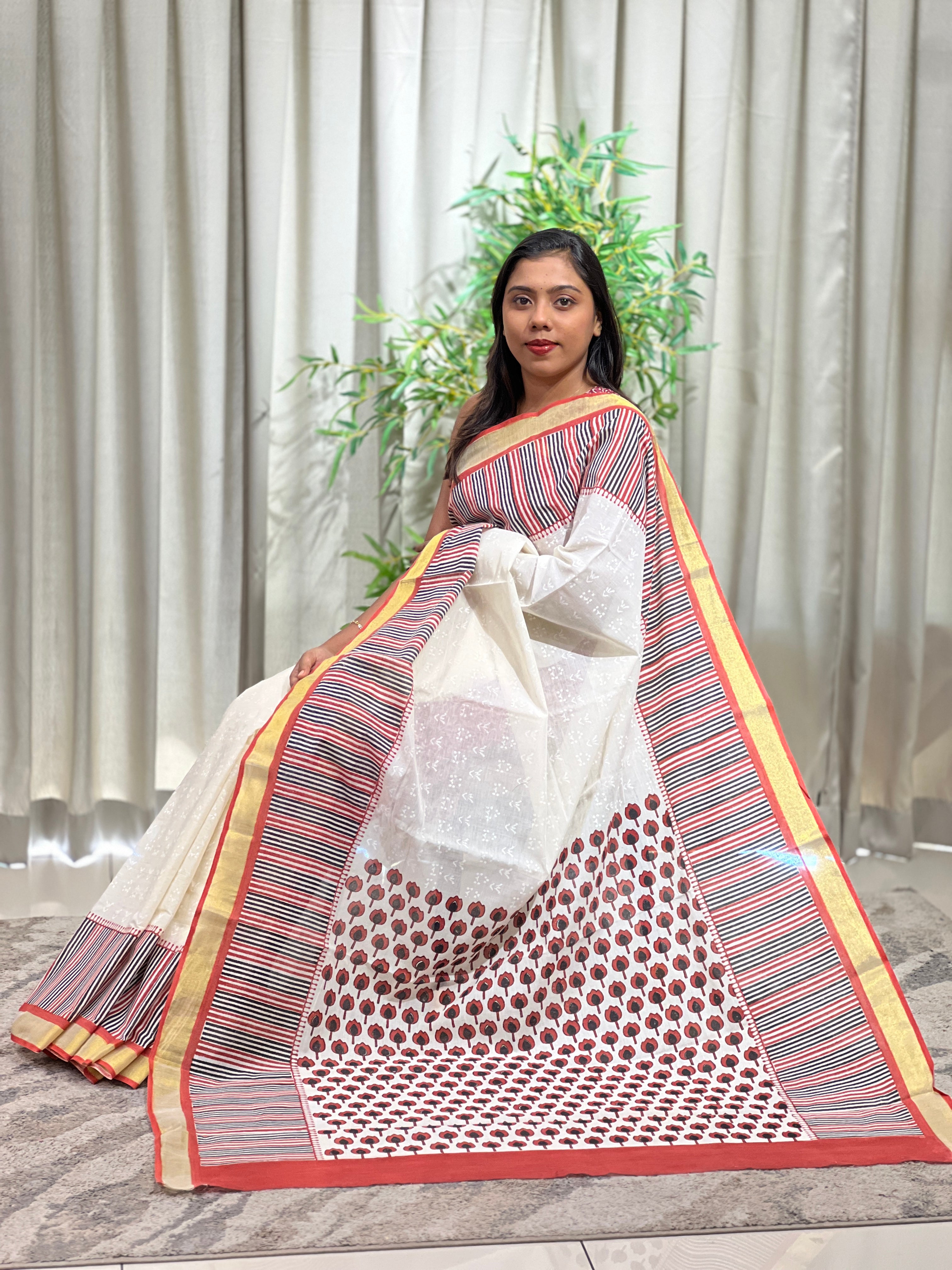 Traditional Block-Printed Kerala Cotton Saree | JSC727