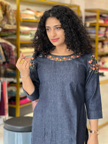 Cross Stitch Embroidered Denim Kurta | RGA269