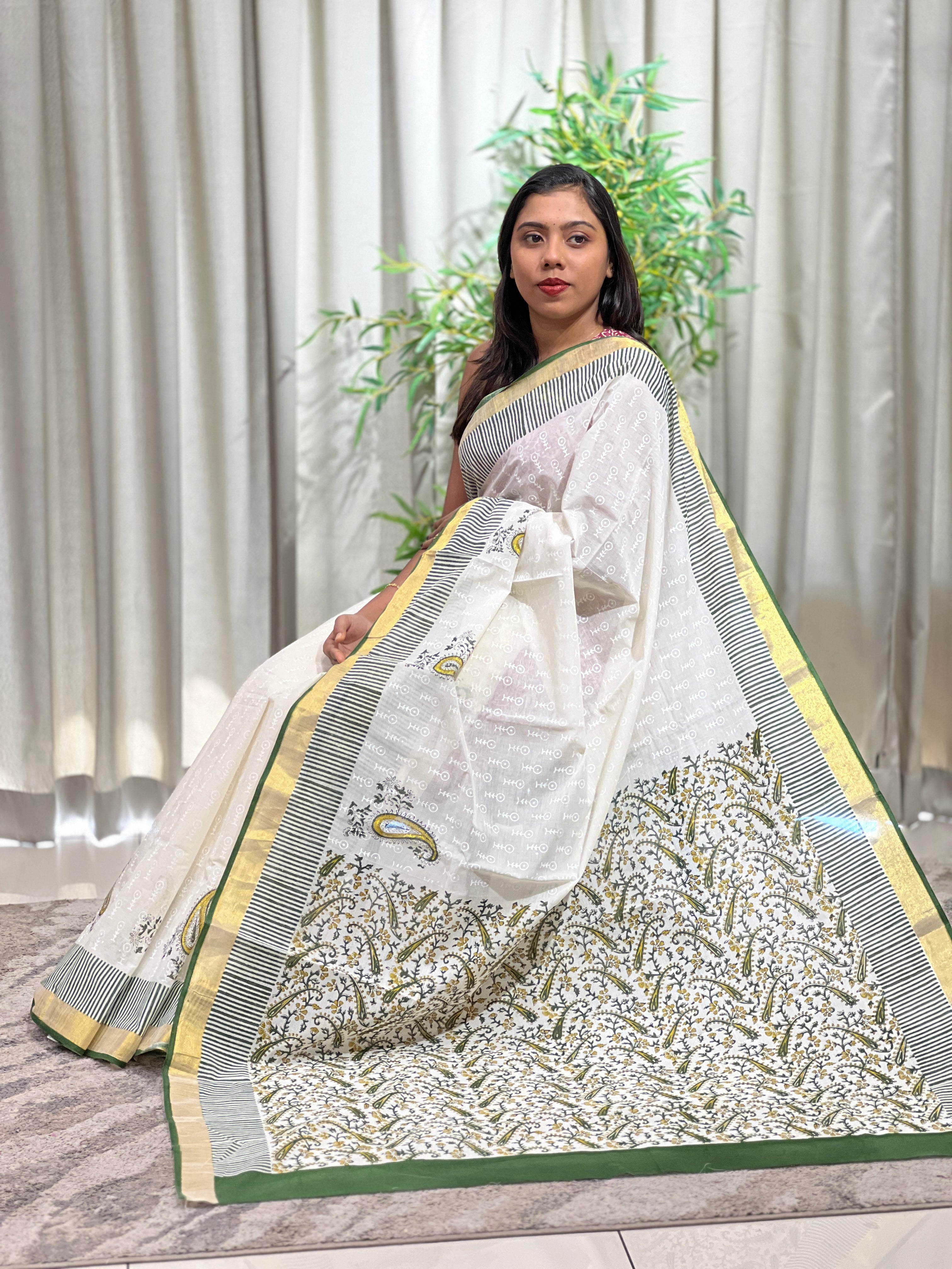 Traditional Block-Printed Kerala Cotton Saree | JSC733