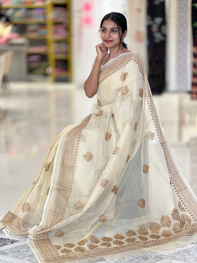 Floral Embroidered Tussar Kota Finish Saree | SUF110