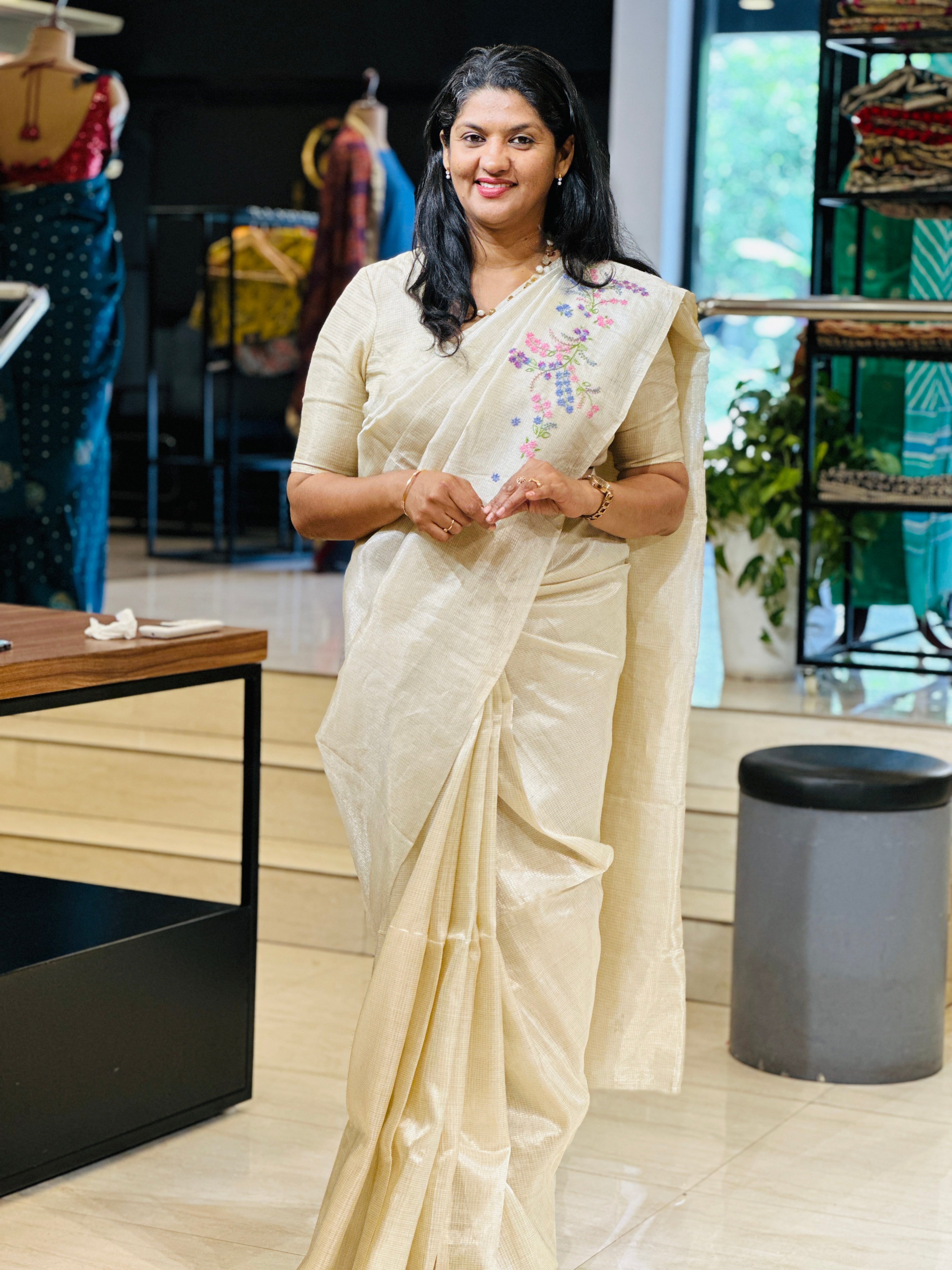 Floral Hand Embroidery Detailed Pure Tissue Tussar Saree | VMB119