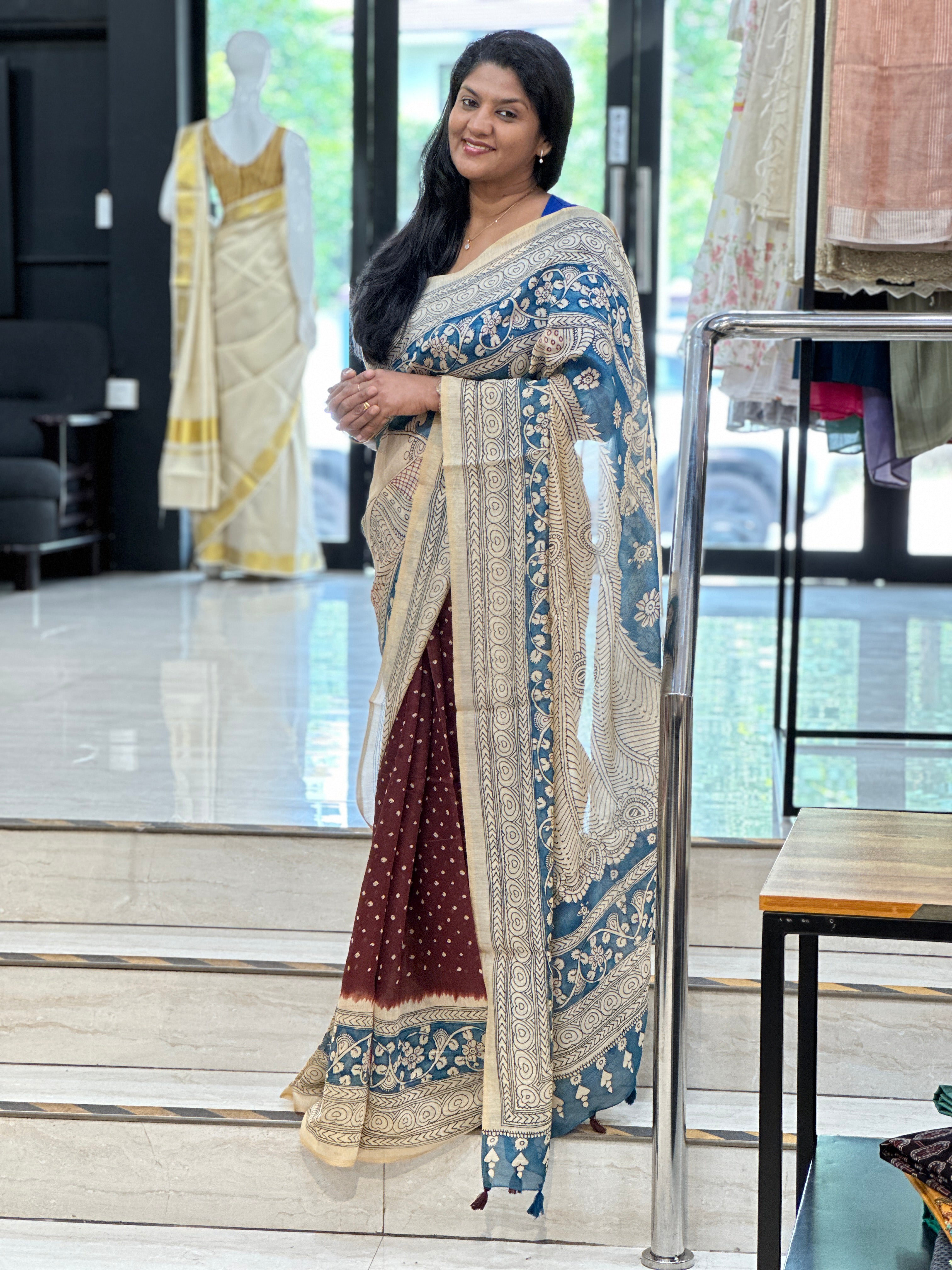 Kalamkari And Bandhani Patterned Semi Jute Saree | SSN494