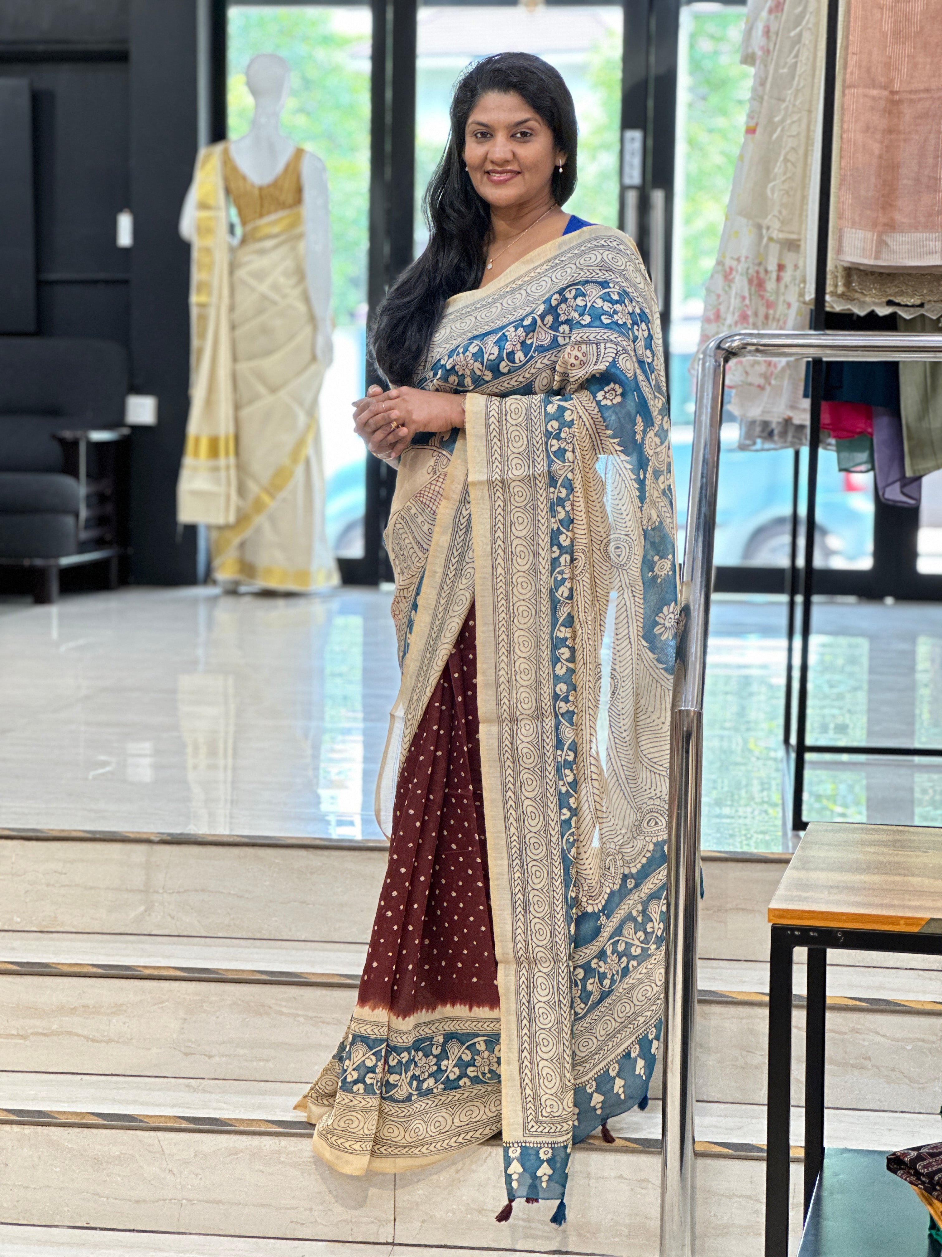 Kalamkari And Bandhani Patterned Semi Jute Saree | SSN494