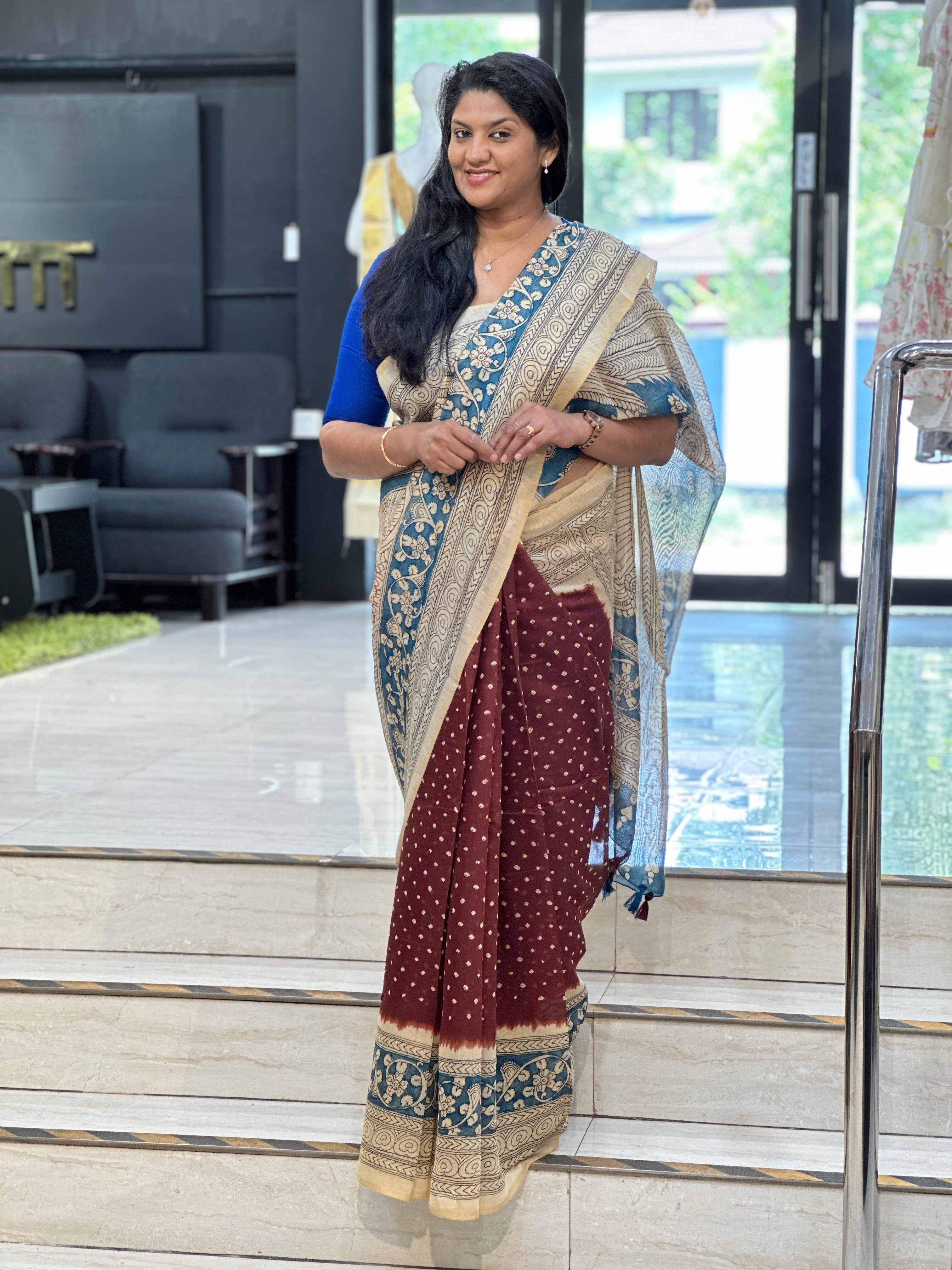 Kalamkari And Bandhani Patterned Semi Jute Saree | SSN494