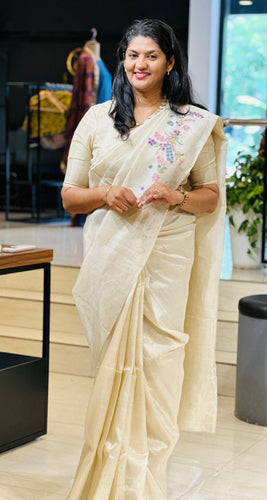 Floral Hand Embroidery Detailed Pure Tissue Tussar Saree | VMB119