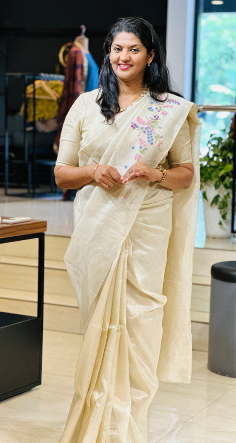 Floral Hand Embroidery Detailed Pure Tissue Tussar Saree | VMB119