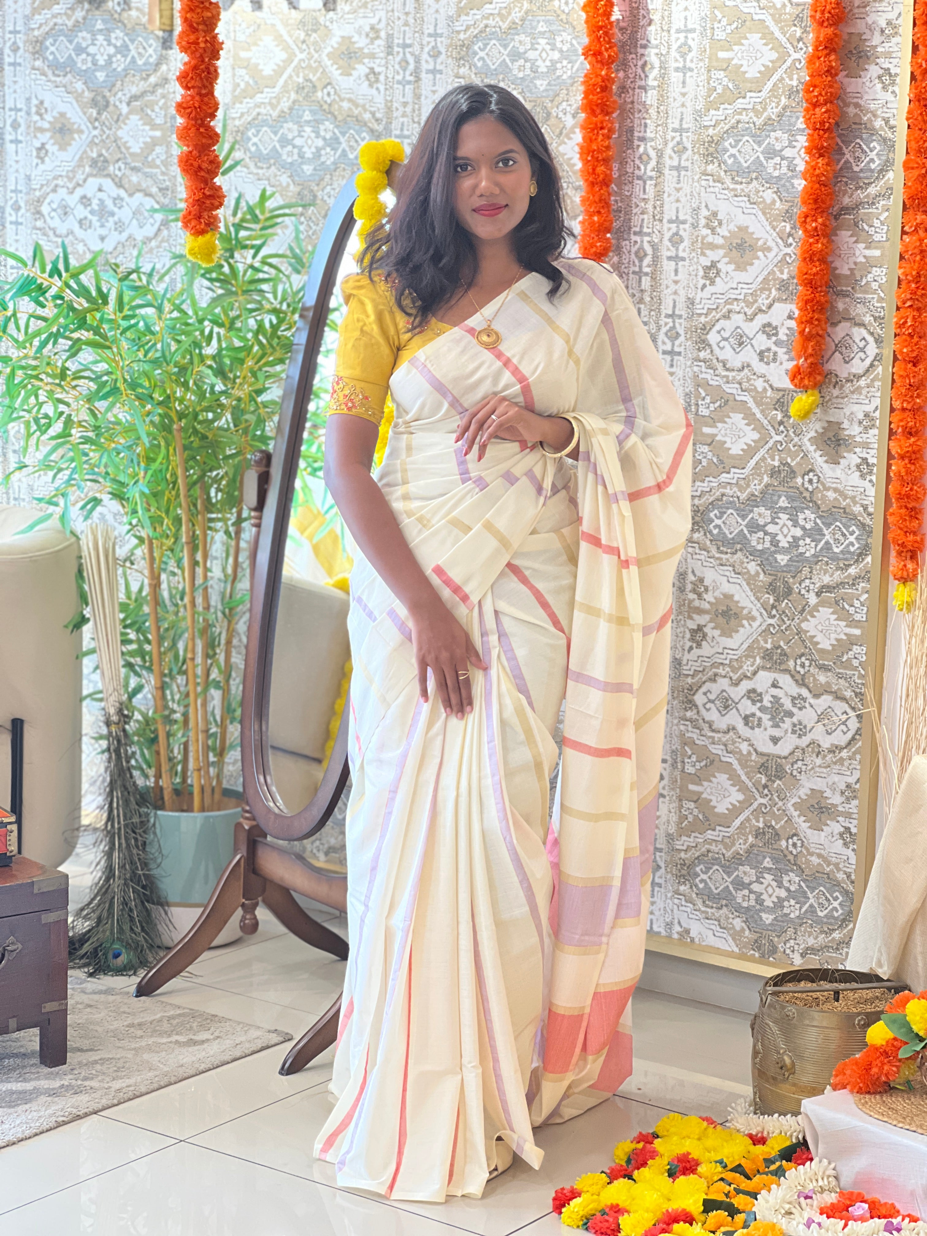 Vertical Line Pattern Kerala Cotton Saree |  RLF125