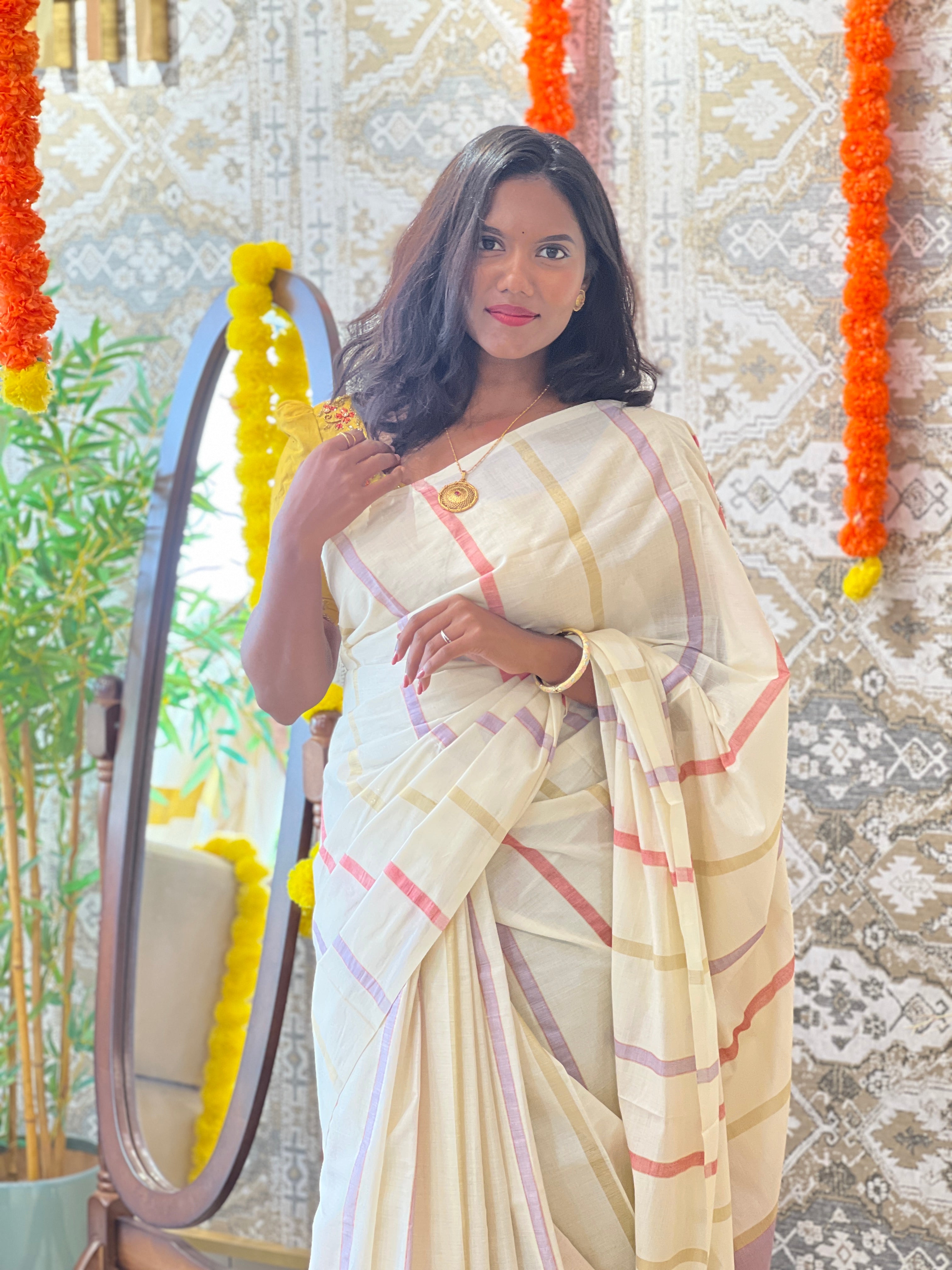 Vertical Line Pattern Kerala Cotton Saree |  RLF125