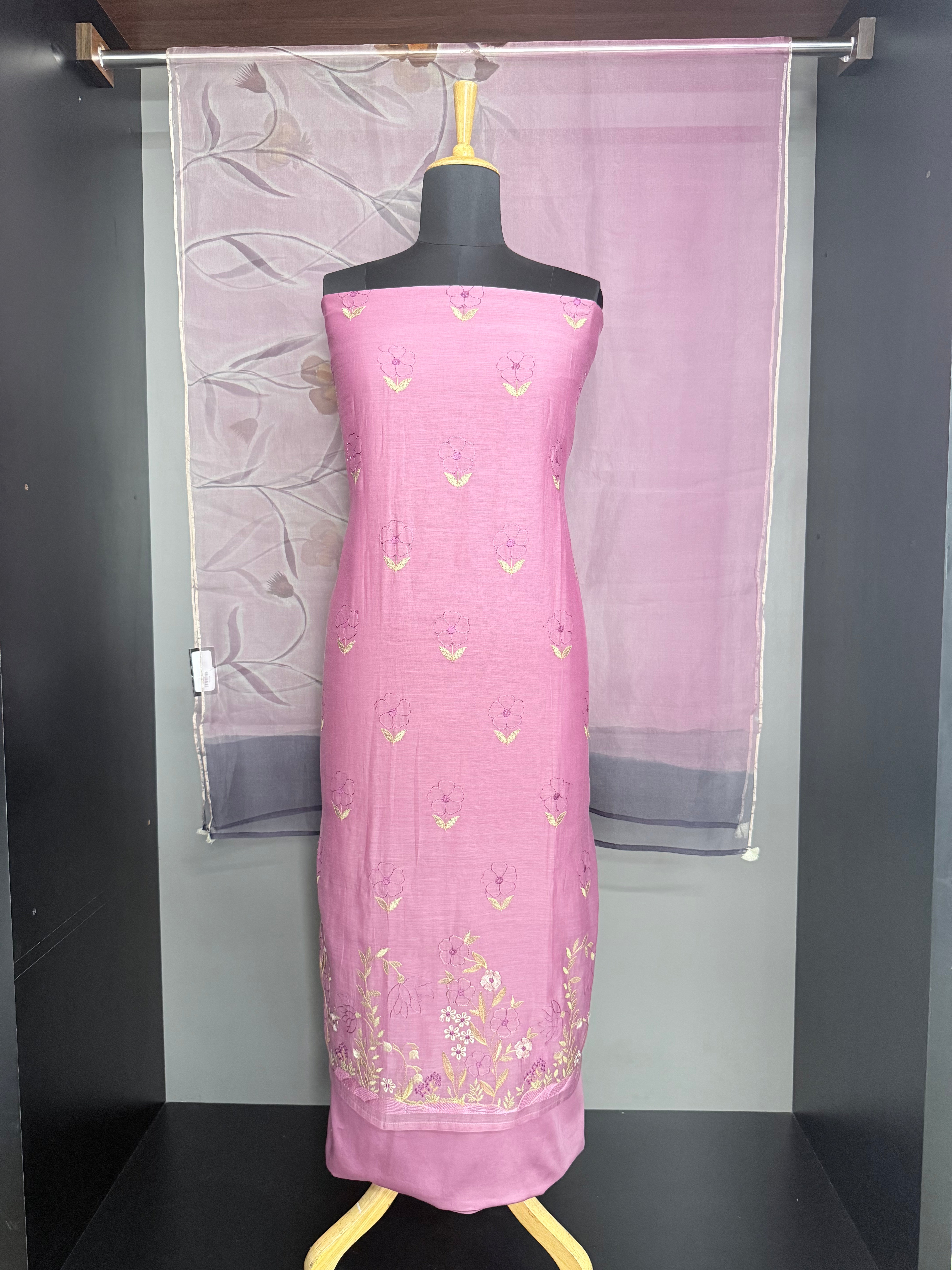 Floral Machine Embroidery Pattern Chanderi Salwar Set | ACD108
