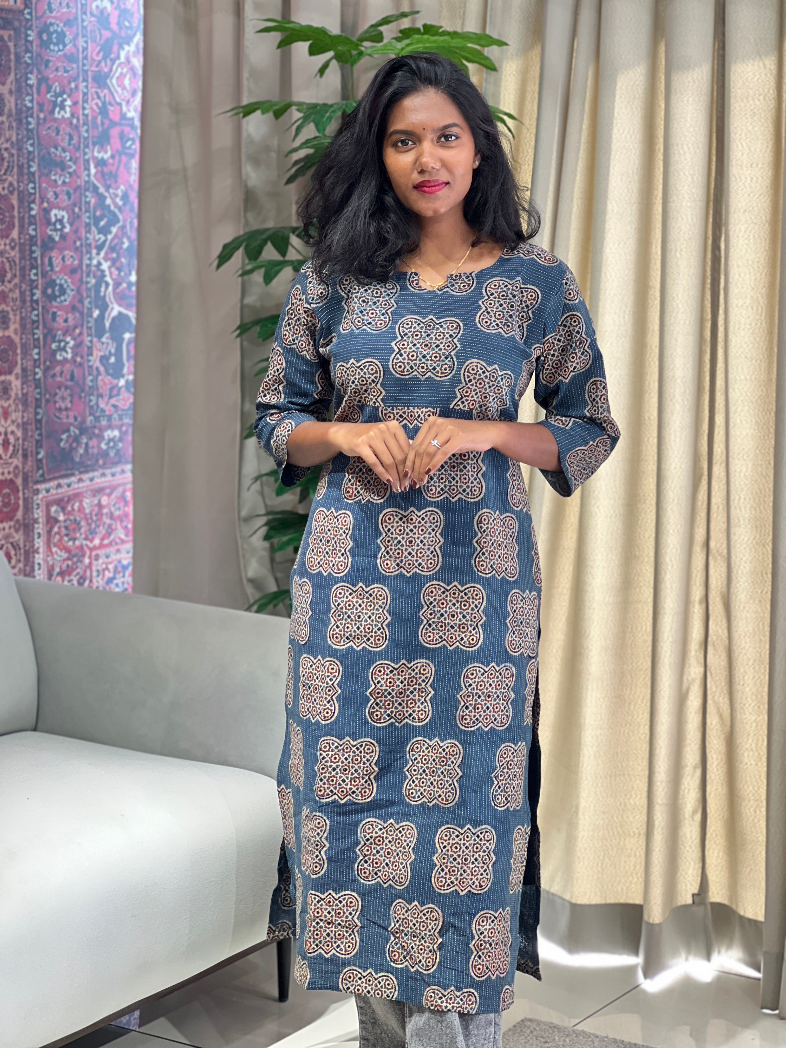 Print With Kantha Woven Cotton Kurta | RMLA187