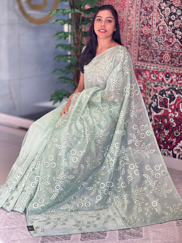 Floral & Leaf Machine Embroidery Shimmer Organza Saree | BLD1452