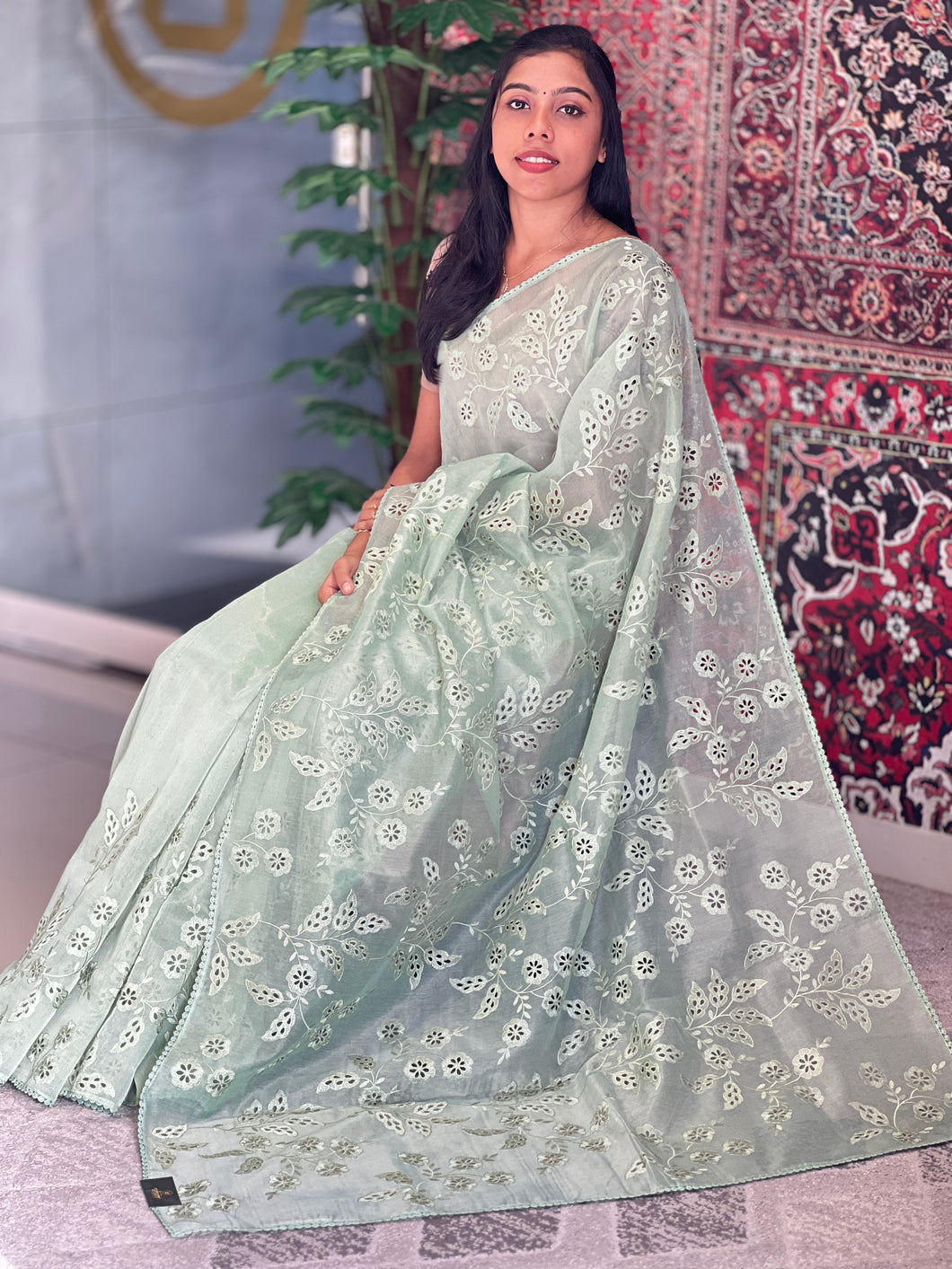 Floral & Leaf Machine Embroidery Shimmer Organza Saree | BLD1452