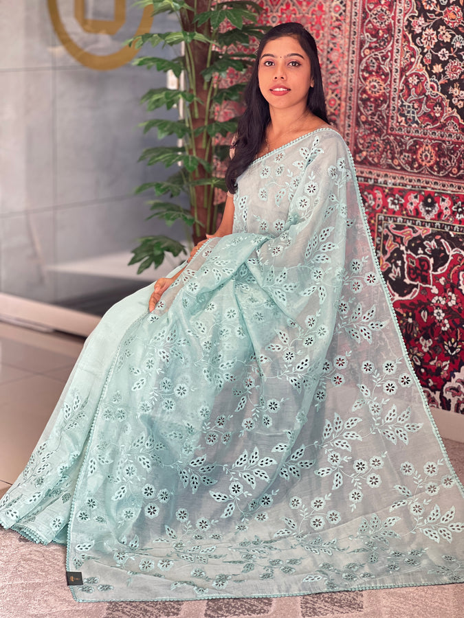 Floral & Leaf Machine Embroidery Shimmer Organza Saree | BLD1450