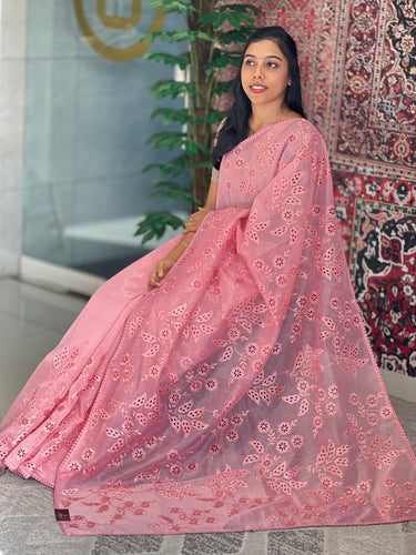 Floral & Leaf Machine Embroidery Shimmer Organza Saree | BLD1453