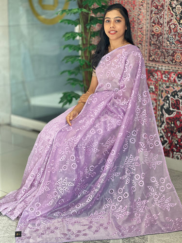 Floral & Leaf Machine Embroidery Shimmer Organza Saree |  BLD1449