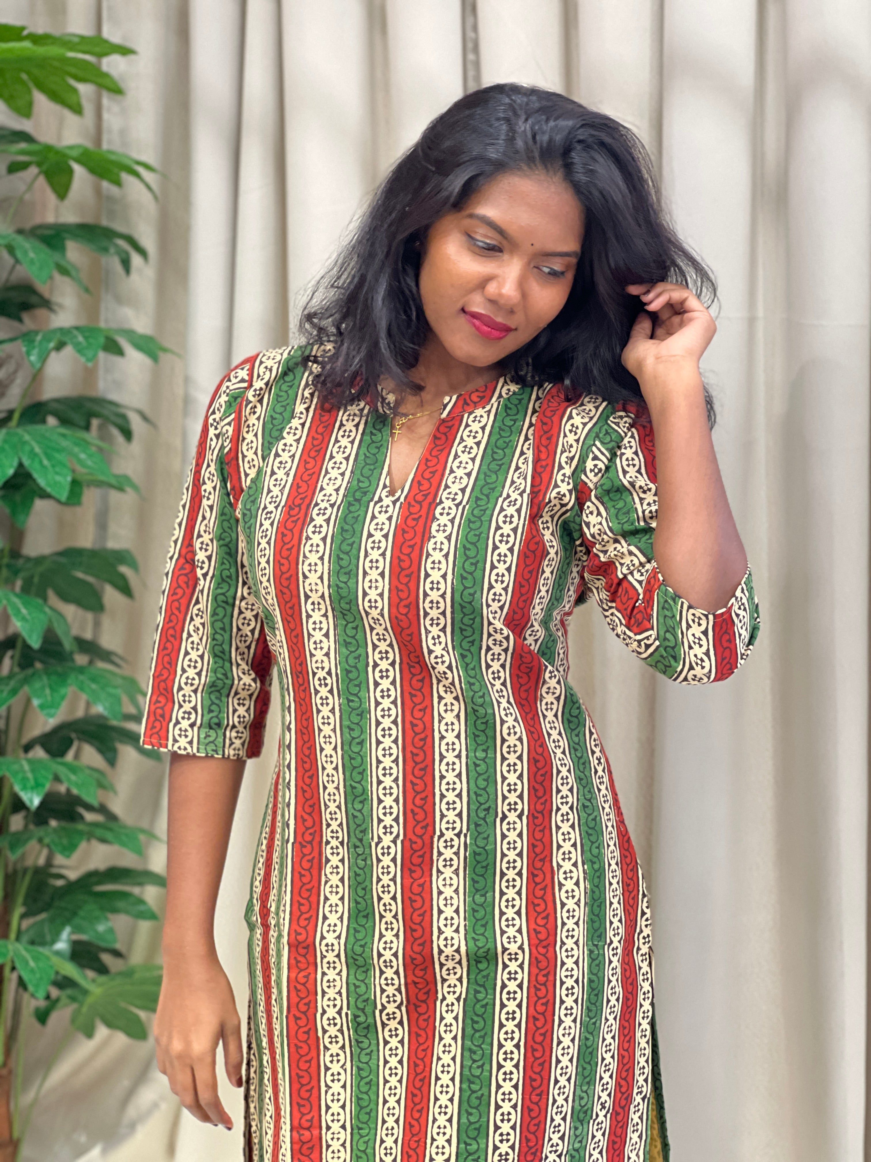 Stripes With Printed Cotton Kurta | RMLA225