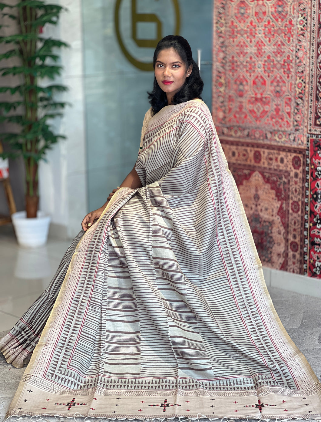 Stripe Patterned Semi Tussar Saree | DVS149