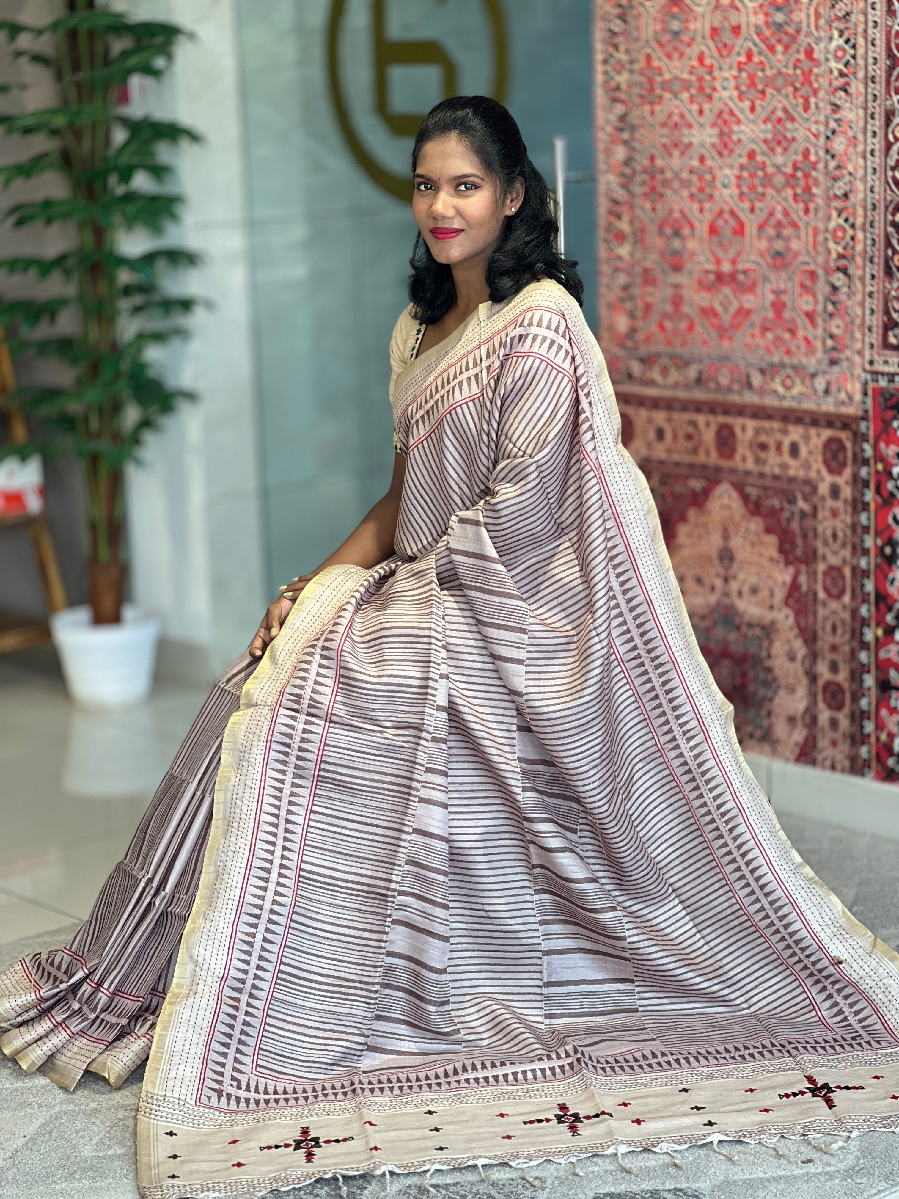 Stripe Patterned Semi Tussar Saree  | DVS150