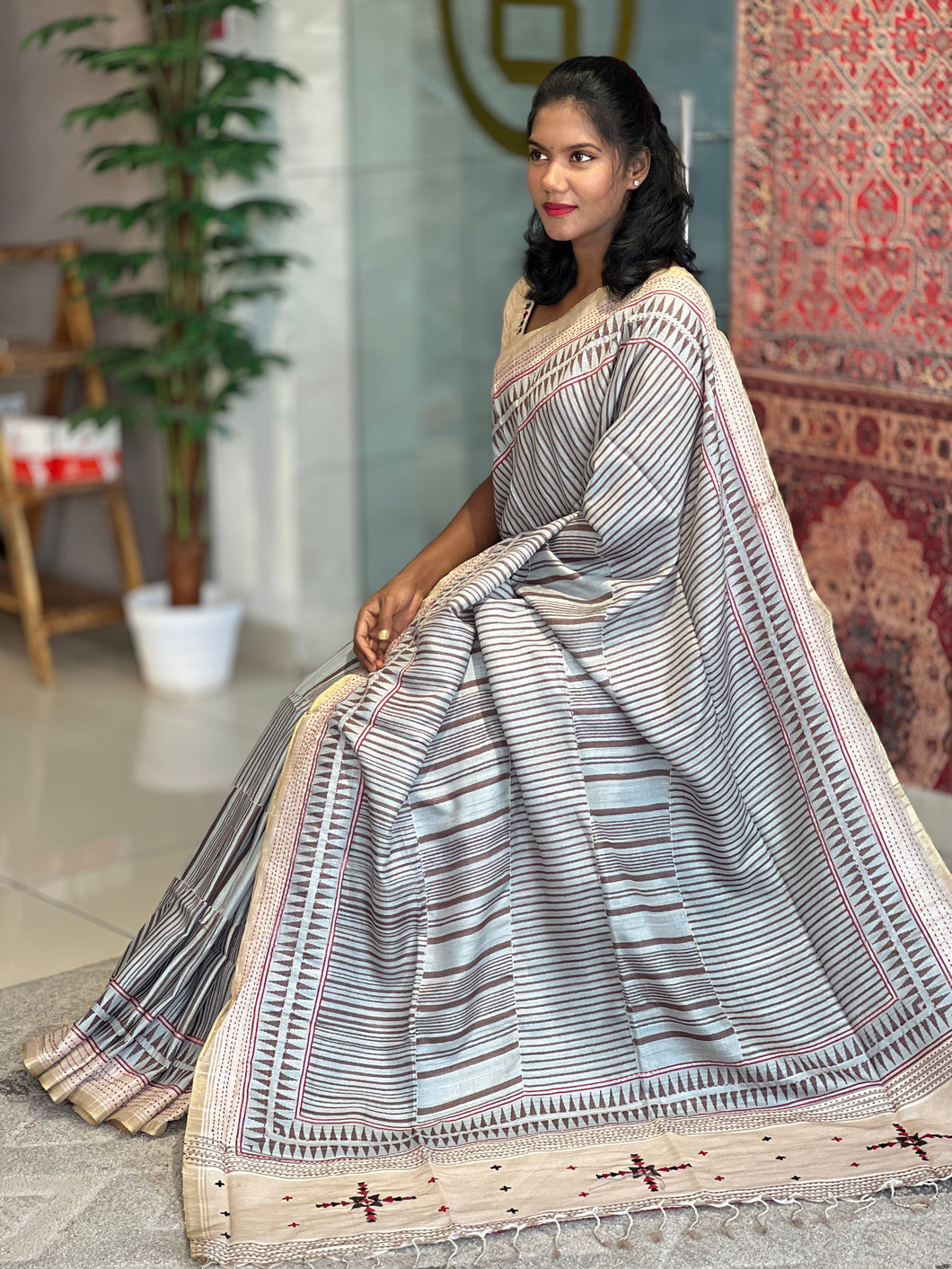 Stripe Patterned Semi Tussar Saree | DVS152