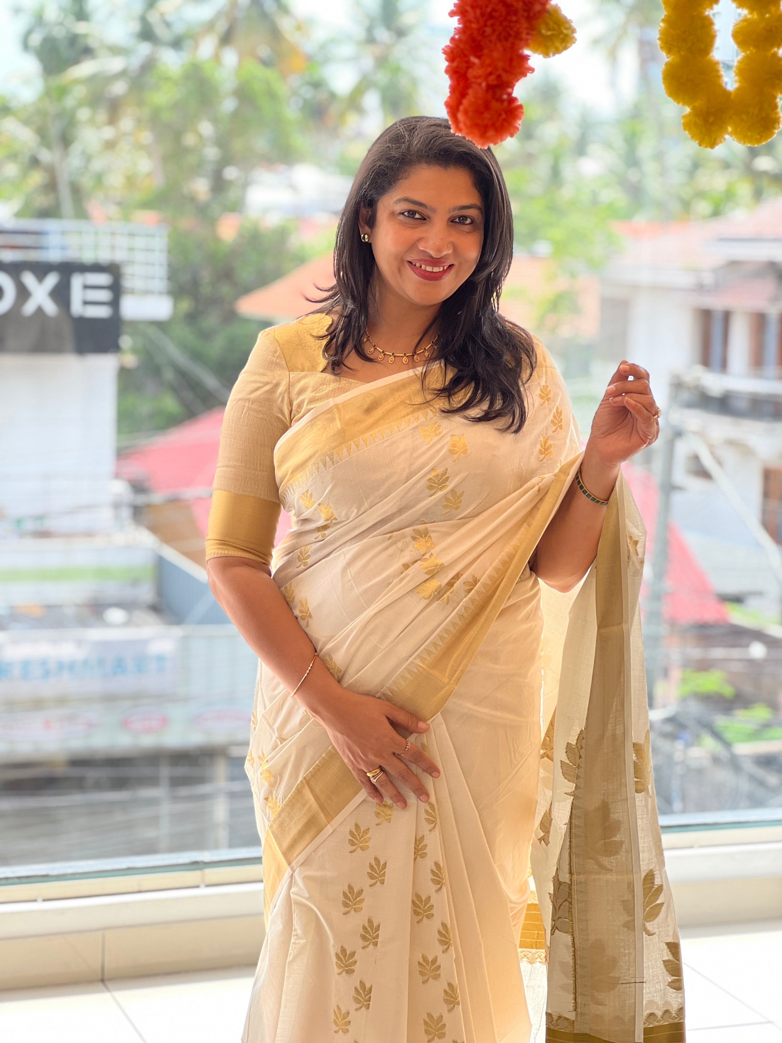 Leaf Motifs Power Loom Kerala Cotton Saree |  RLF188