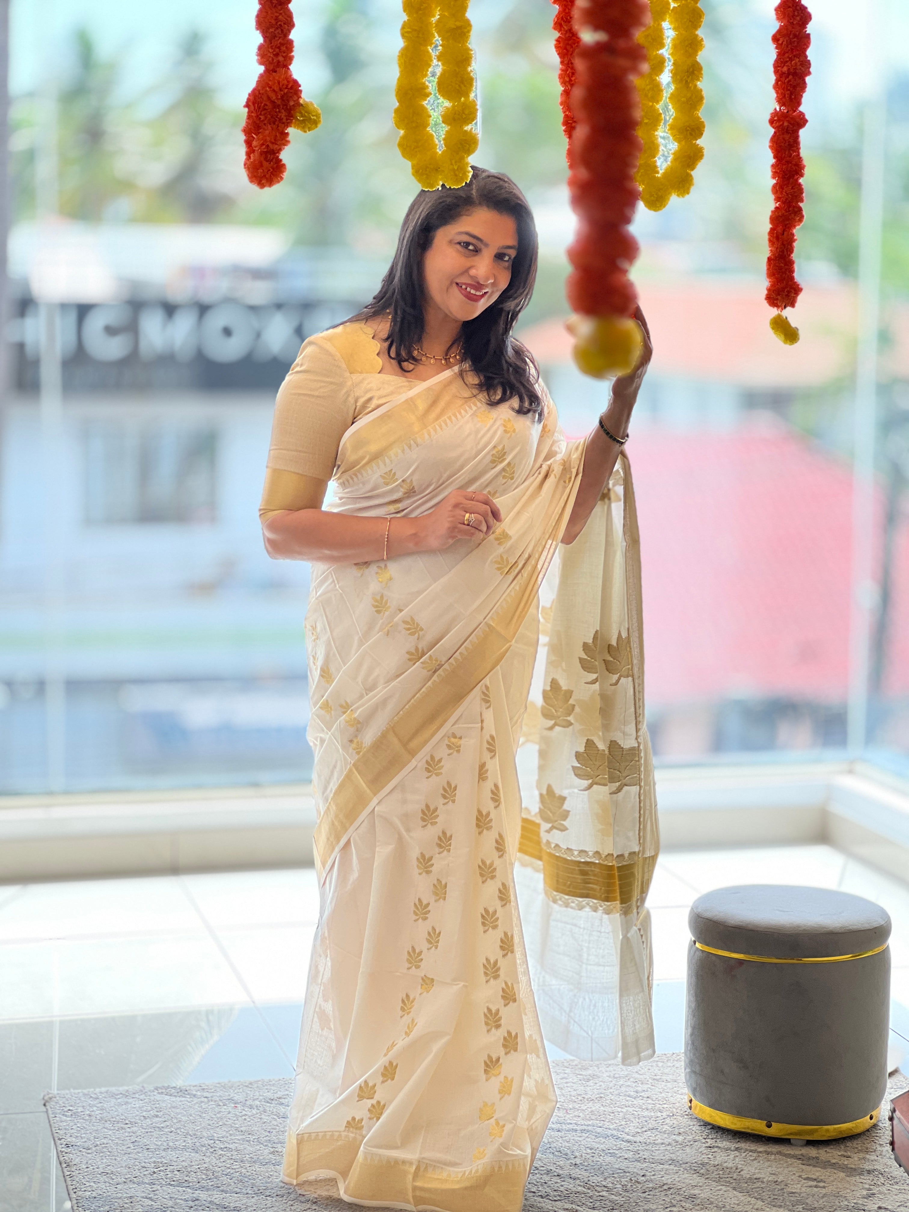 Leaf Motifs Power Loom Kerala Cotton Saree |  RLF188