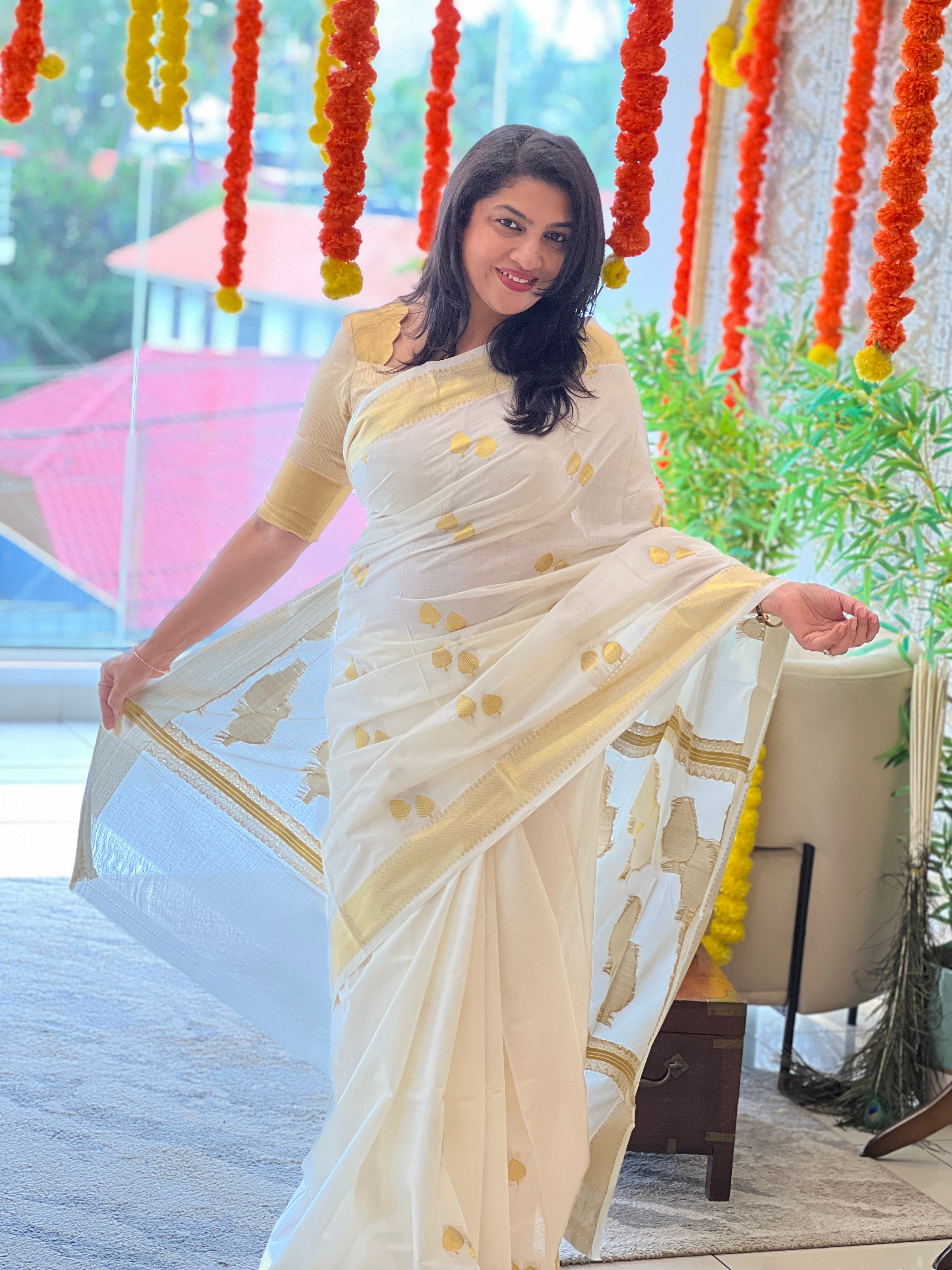 Leaf Weaved Pattern Kerala Cotton Saree | RLF189
