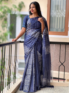 Batik Printed Bhagalpuri Linen Saree | US249