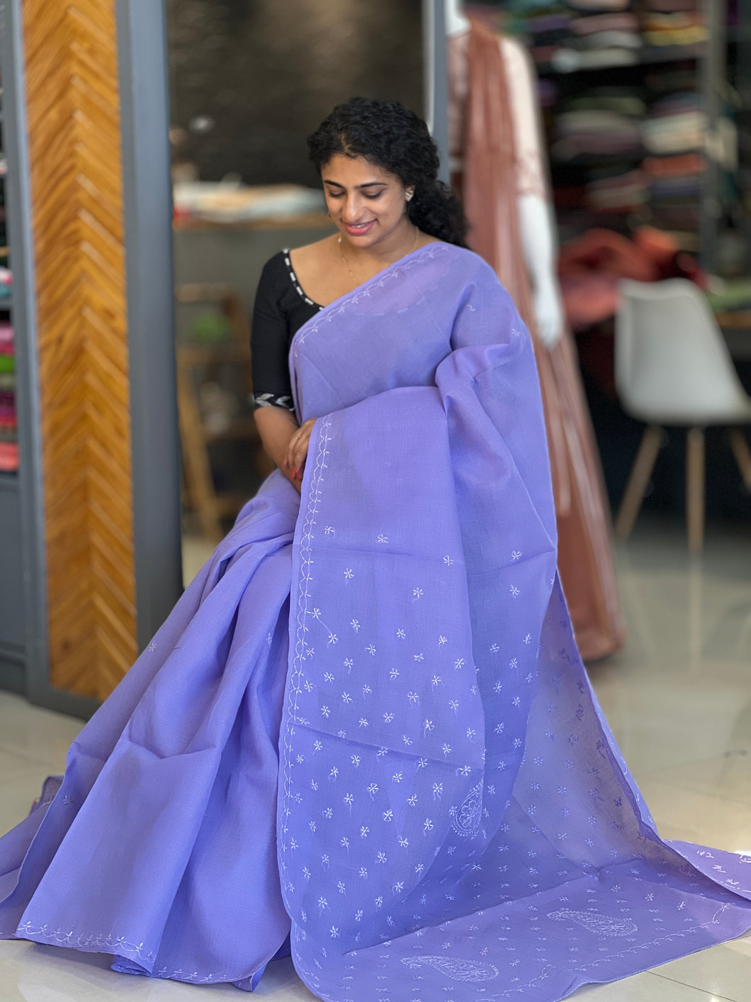 Lilac Color Embroidered Cotton Saree | SRC136