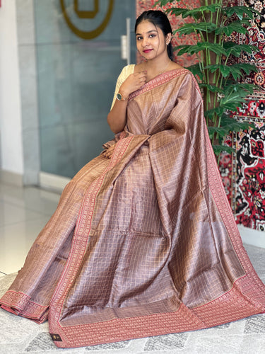 Check Weaving Machine Embroidery Detailed Pure Tussar Saree | RGD720