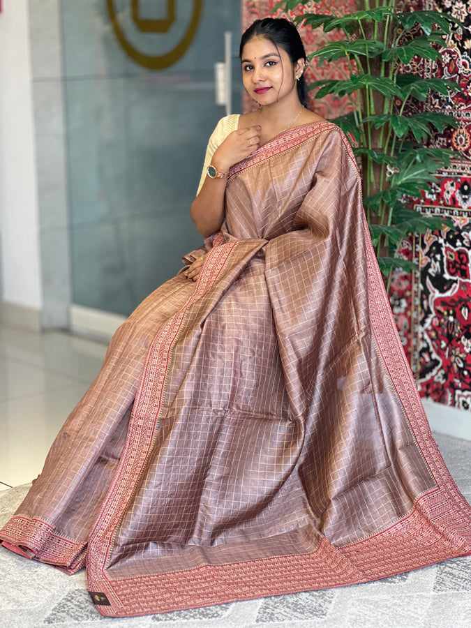 Check Weaving Machine Embroidery Detailed Pure Tussar Saree | RGD720
