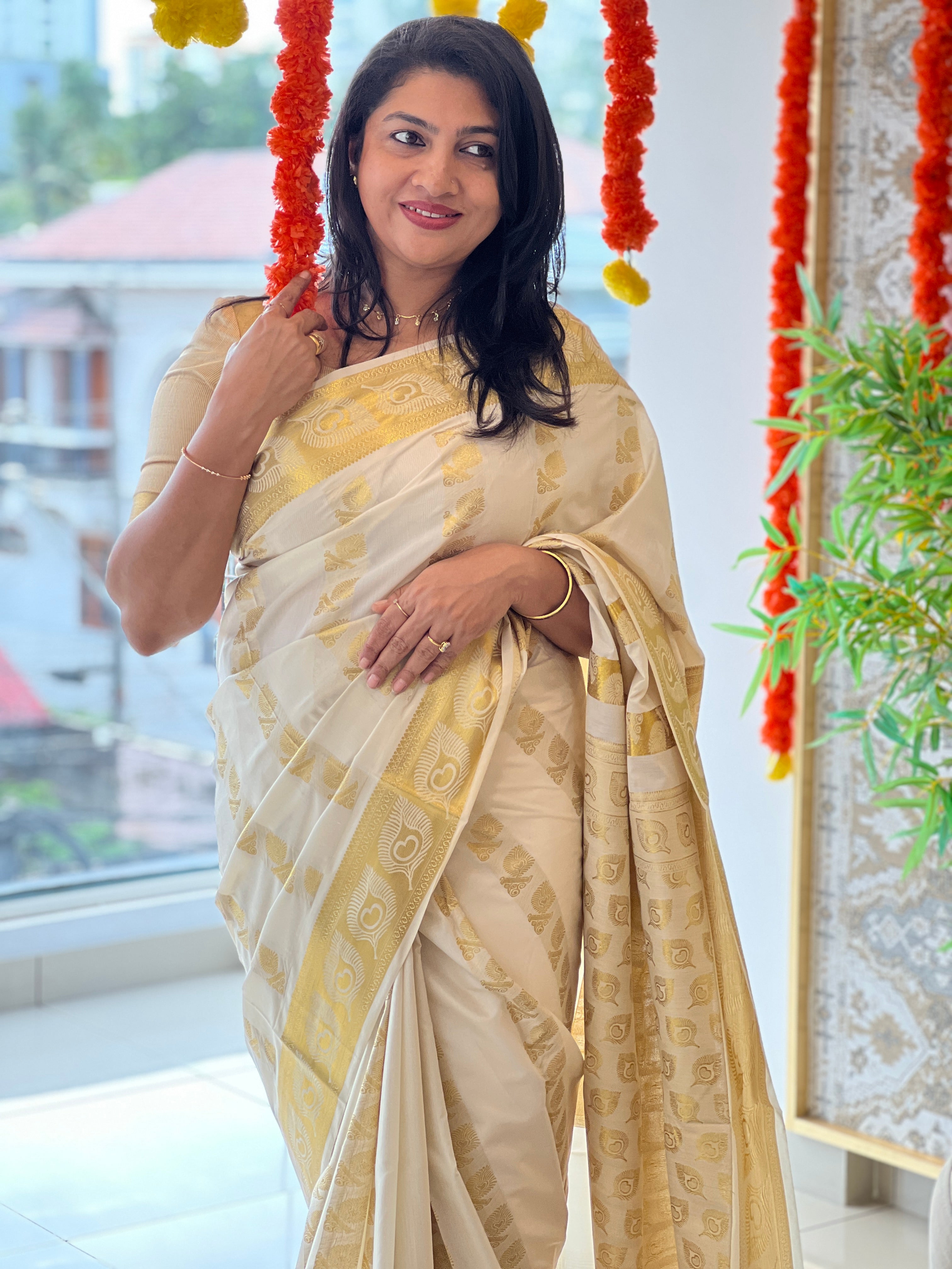 Traditional Weaved Semi Silk Kerala Saree |  RLF196