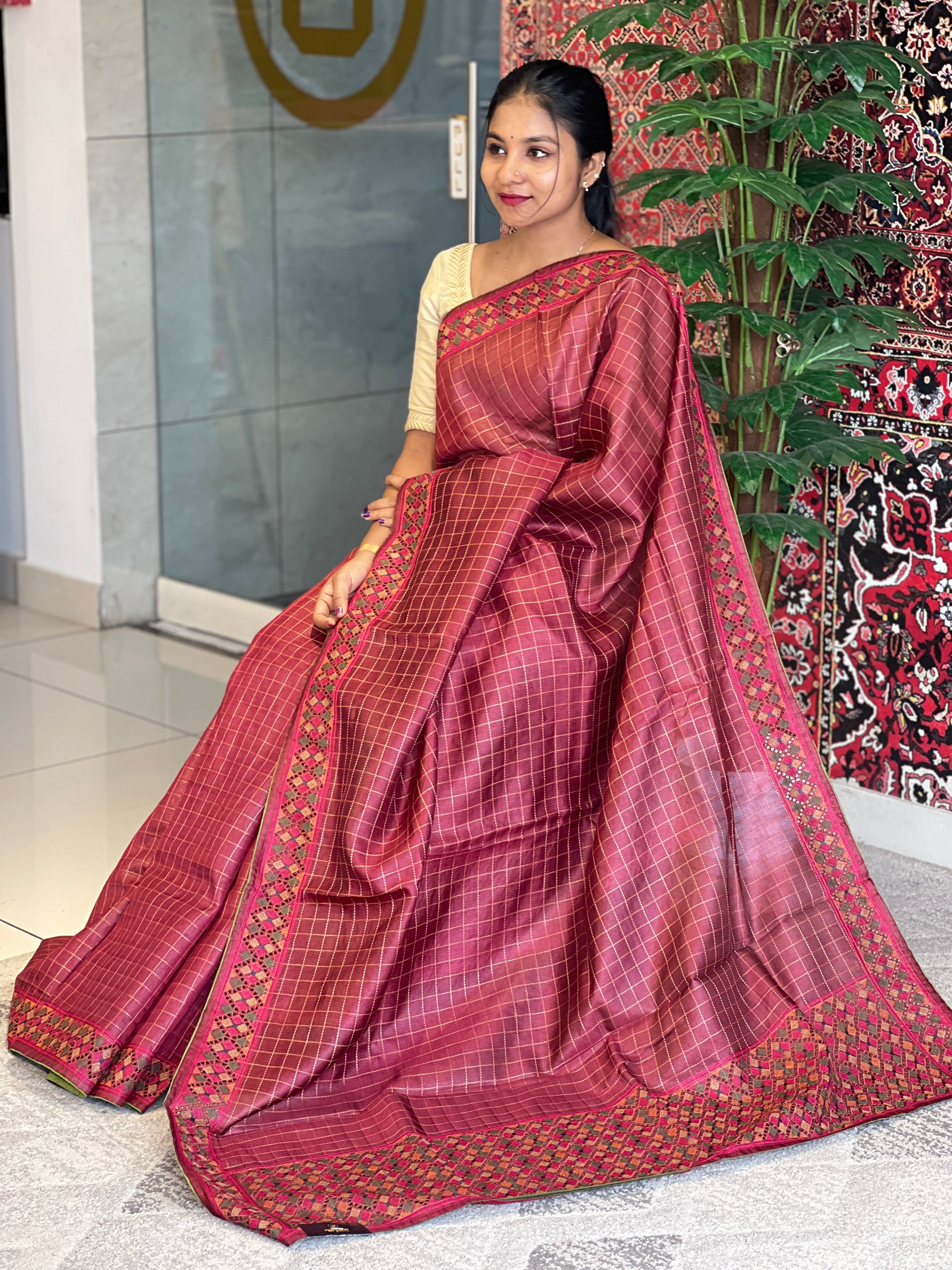 Check Weaving  Embroidery Detailed Pure Tussar Saree | RGD714